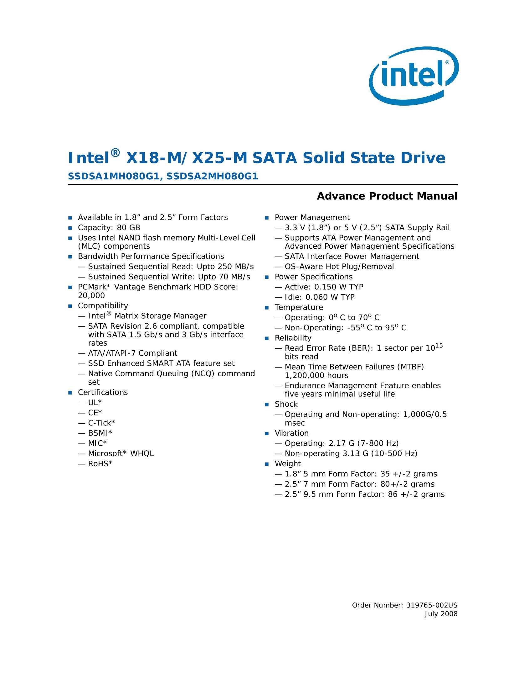Intel SSDSA2MH080G1 Computer Drive User Manual