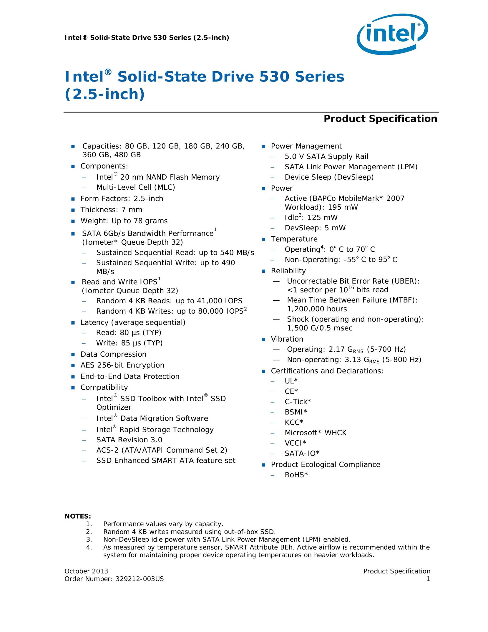 Intel SSDSC2BW180A4K5 Computer Drive User Manual