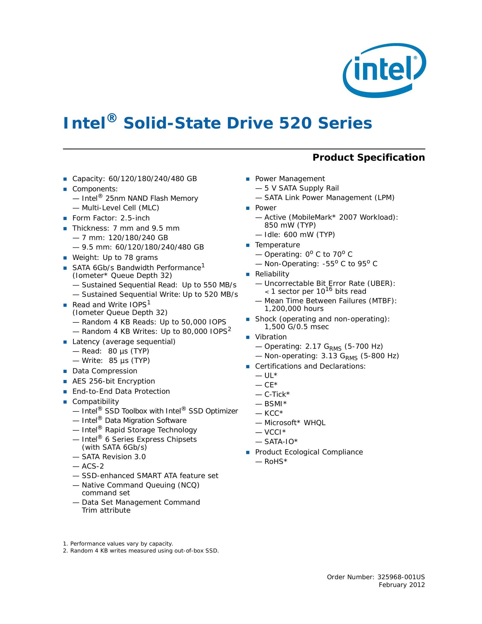 Intel SSDSC2CW060A3K5 Computer Drive User Manual