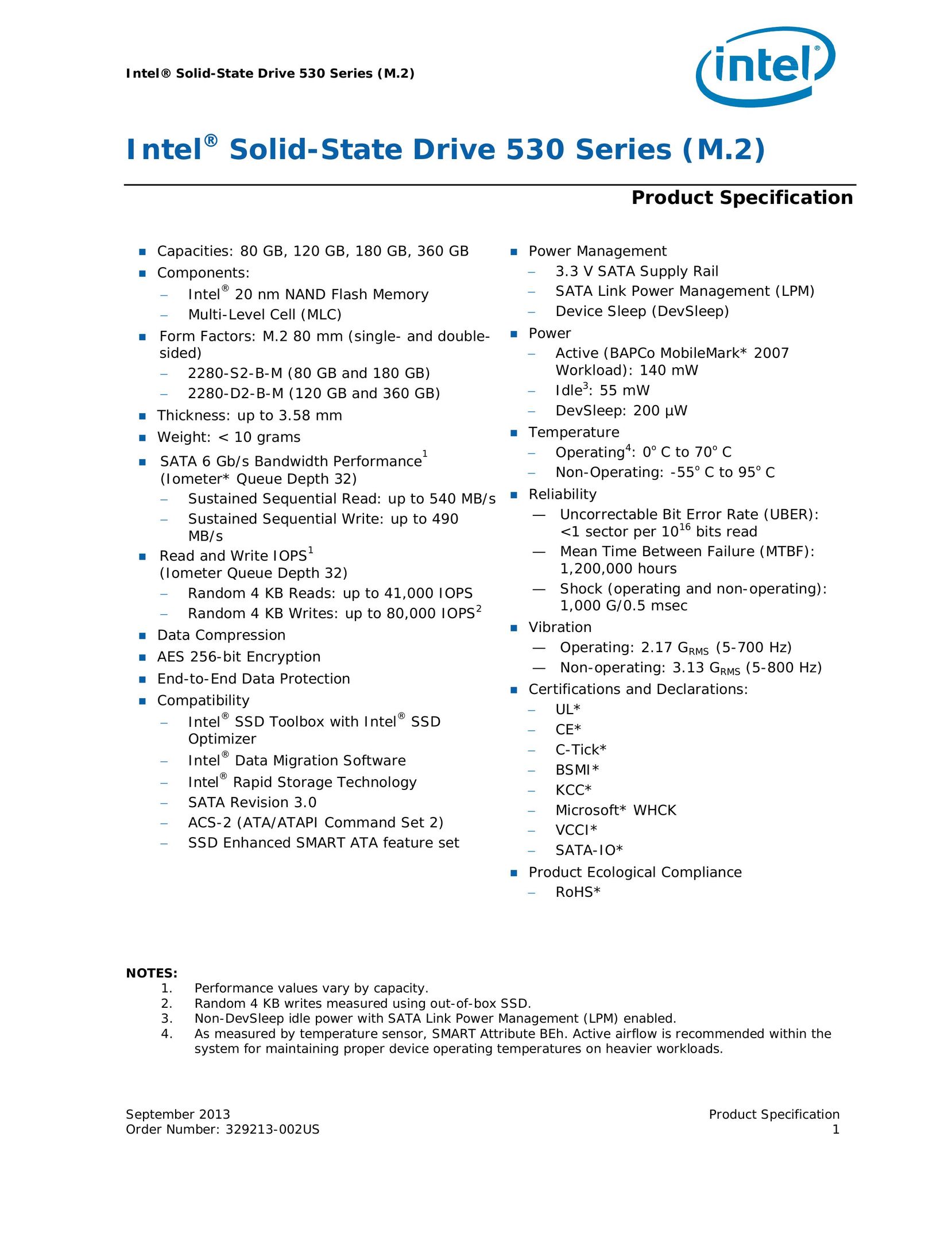 Intel SSDSCKGW080A4 Computer Drive User Manual