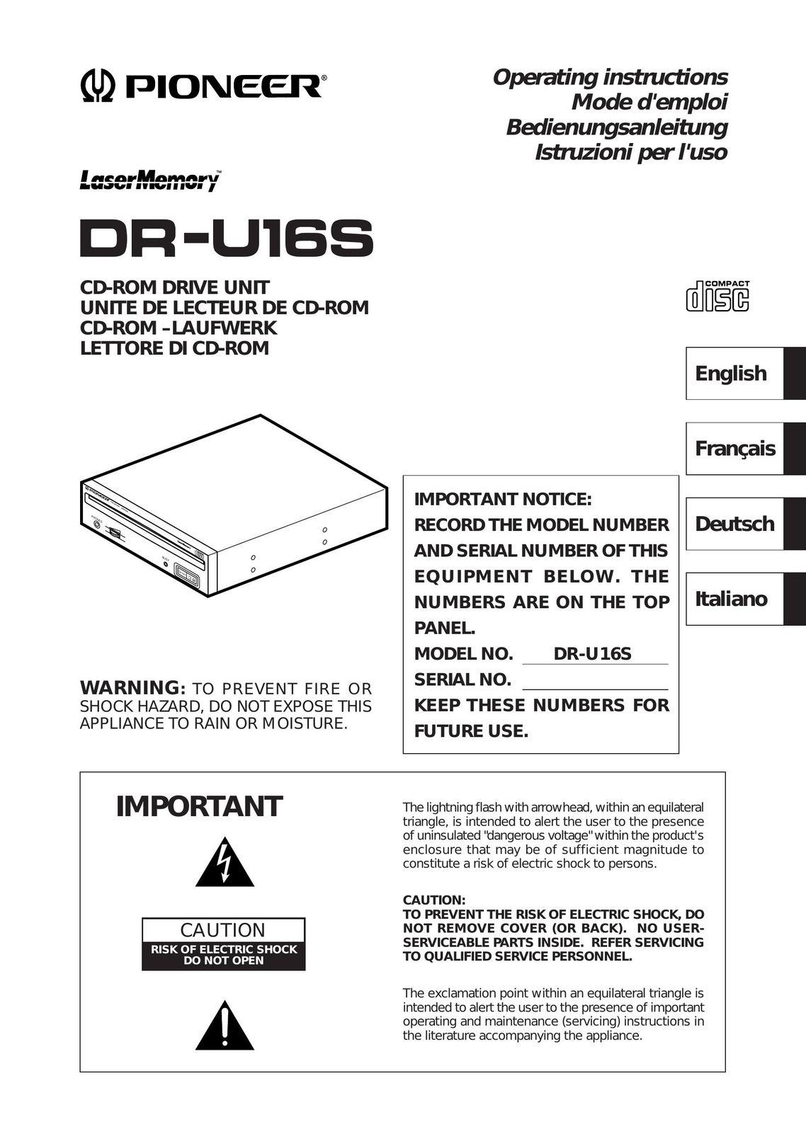 Pioneer DR-U16S Computer Drive User Manual