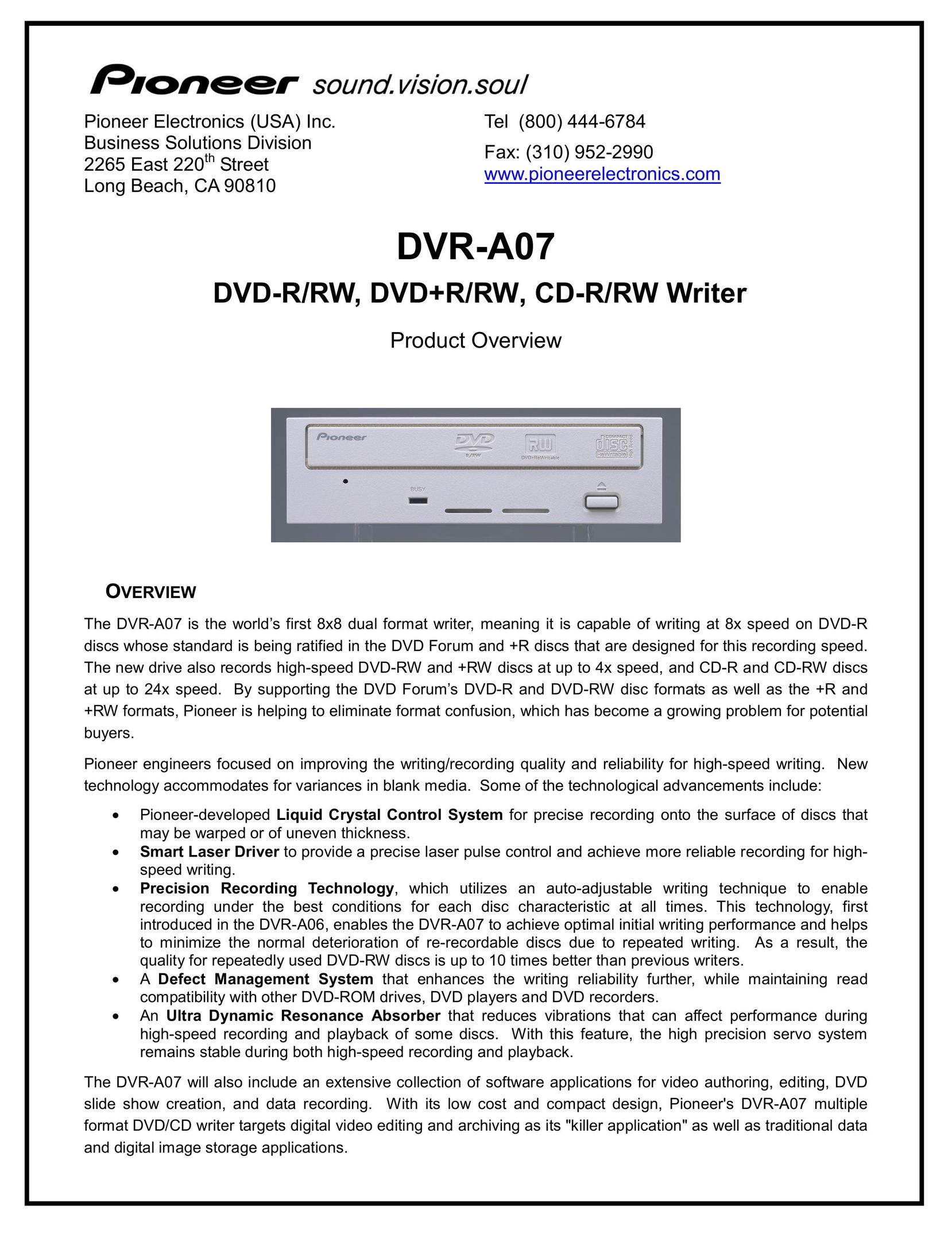Pioneer DVR-107 Computer Drive User Manual