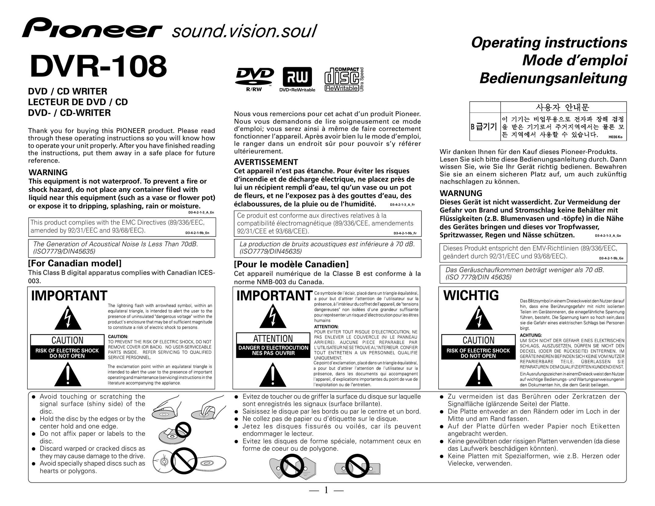Pioneer DVR-108 Computer Drive User Manual