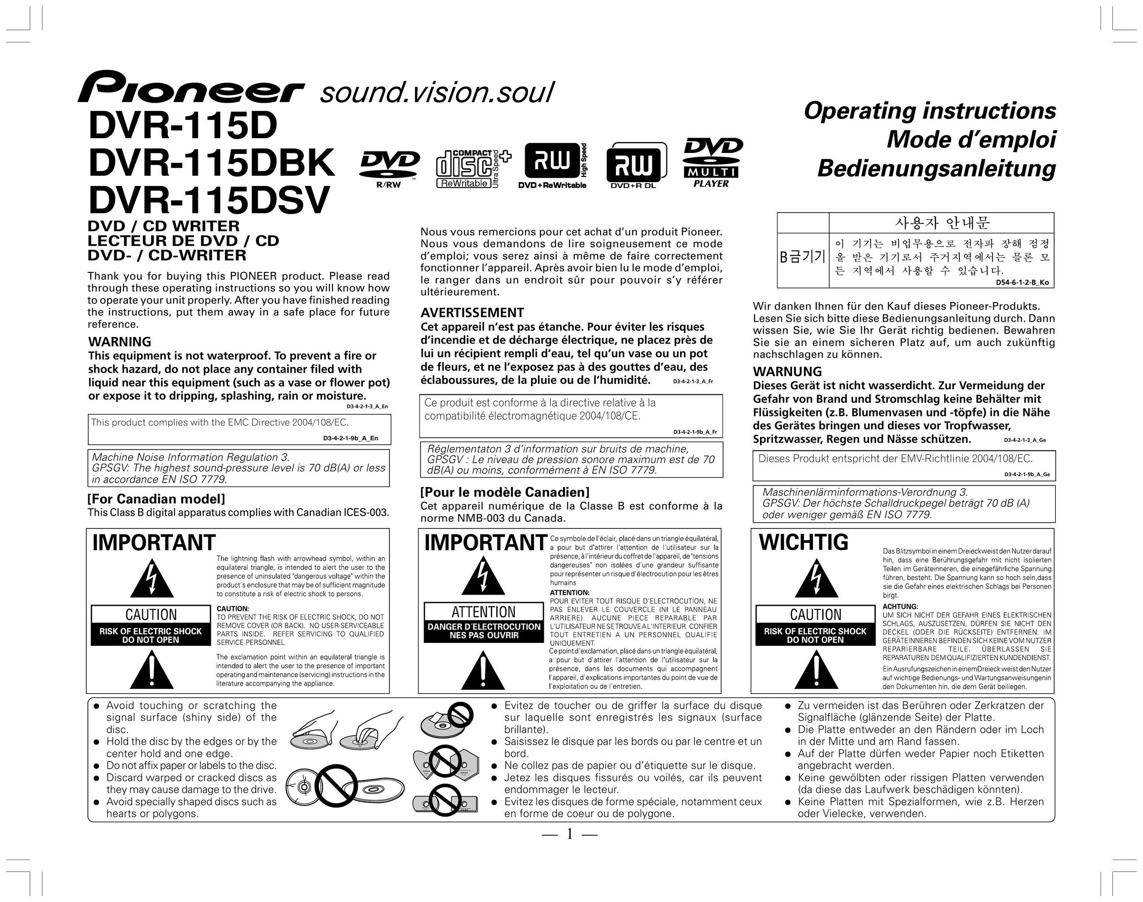 Pioneer DVR-115DBK Computer Drive User Manual