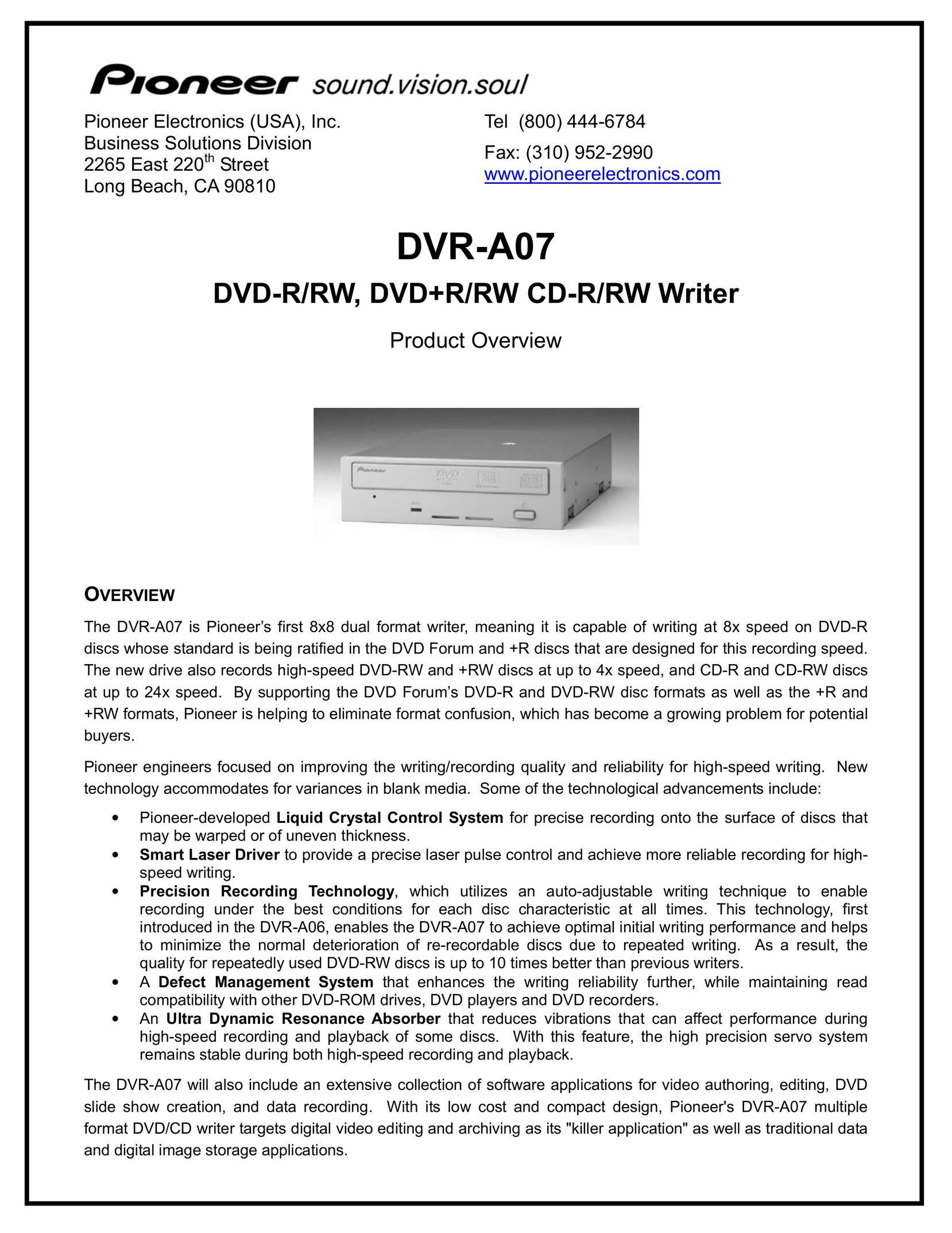 Pioneer DVR-A07 Computer Drive User Manual