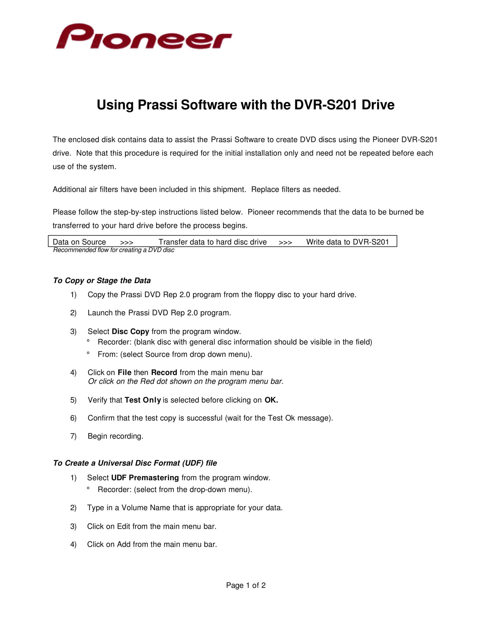 Pioneer DVR-S201 Computer Drive User Manual