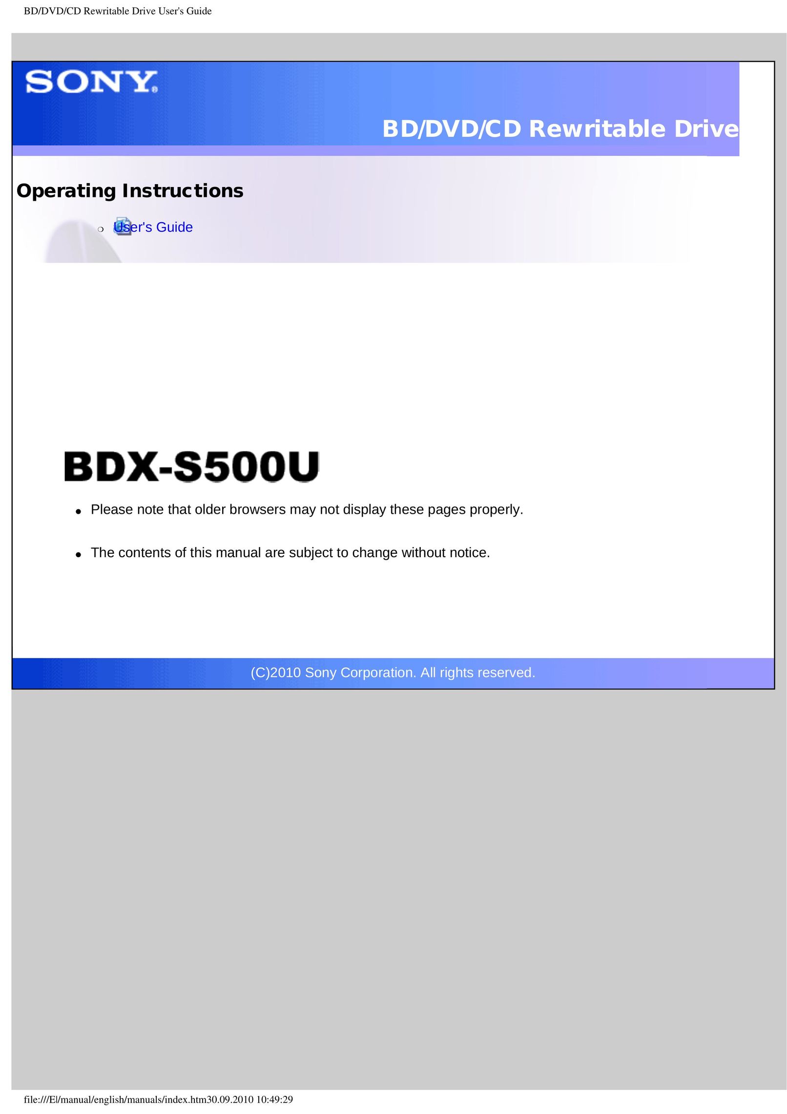 Sony BDX-S500U Computer Drive User Manual