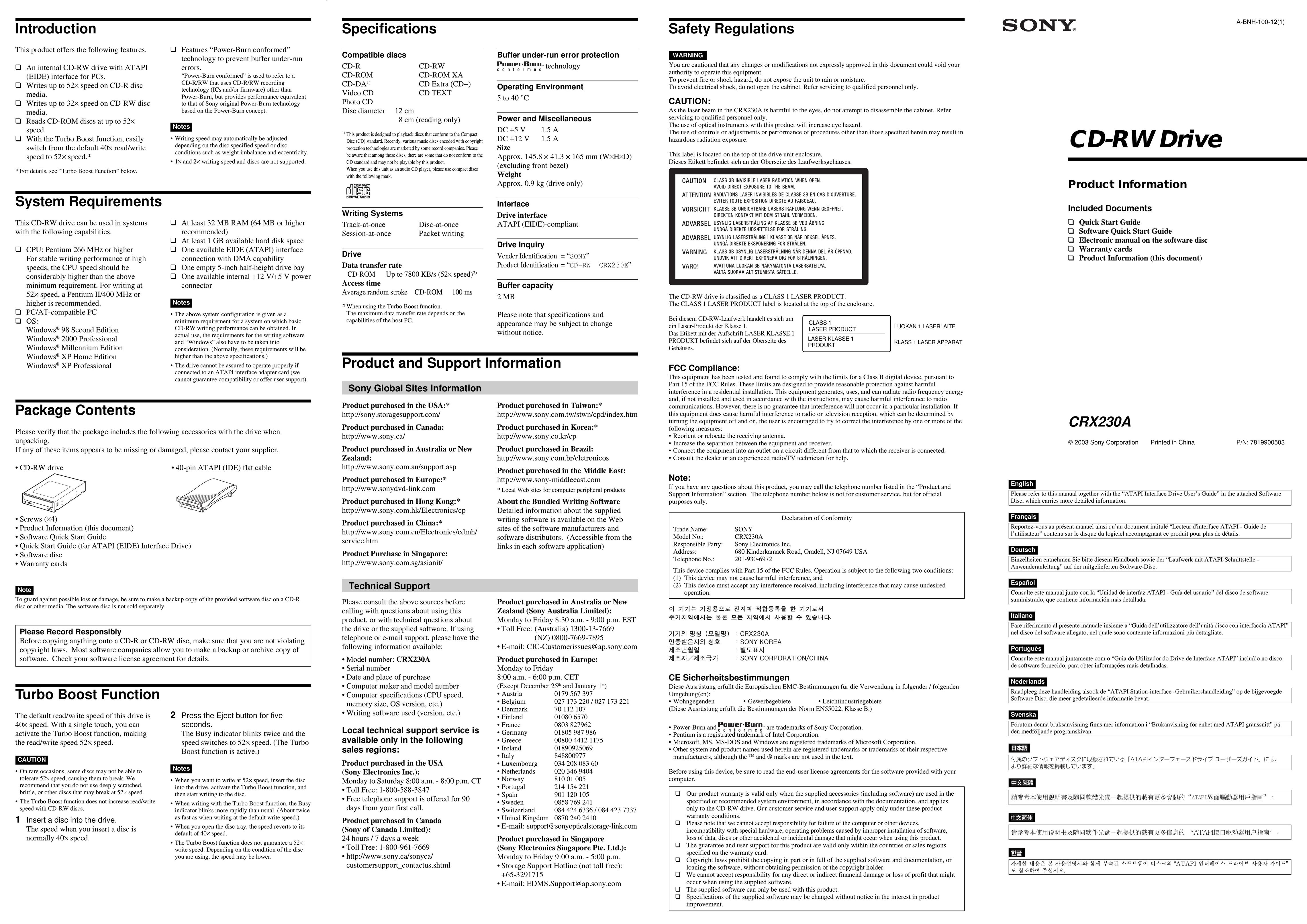 Sony CRX230A Computer Drive User Manual