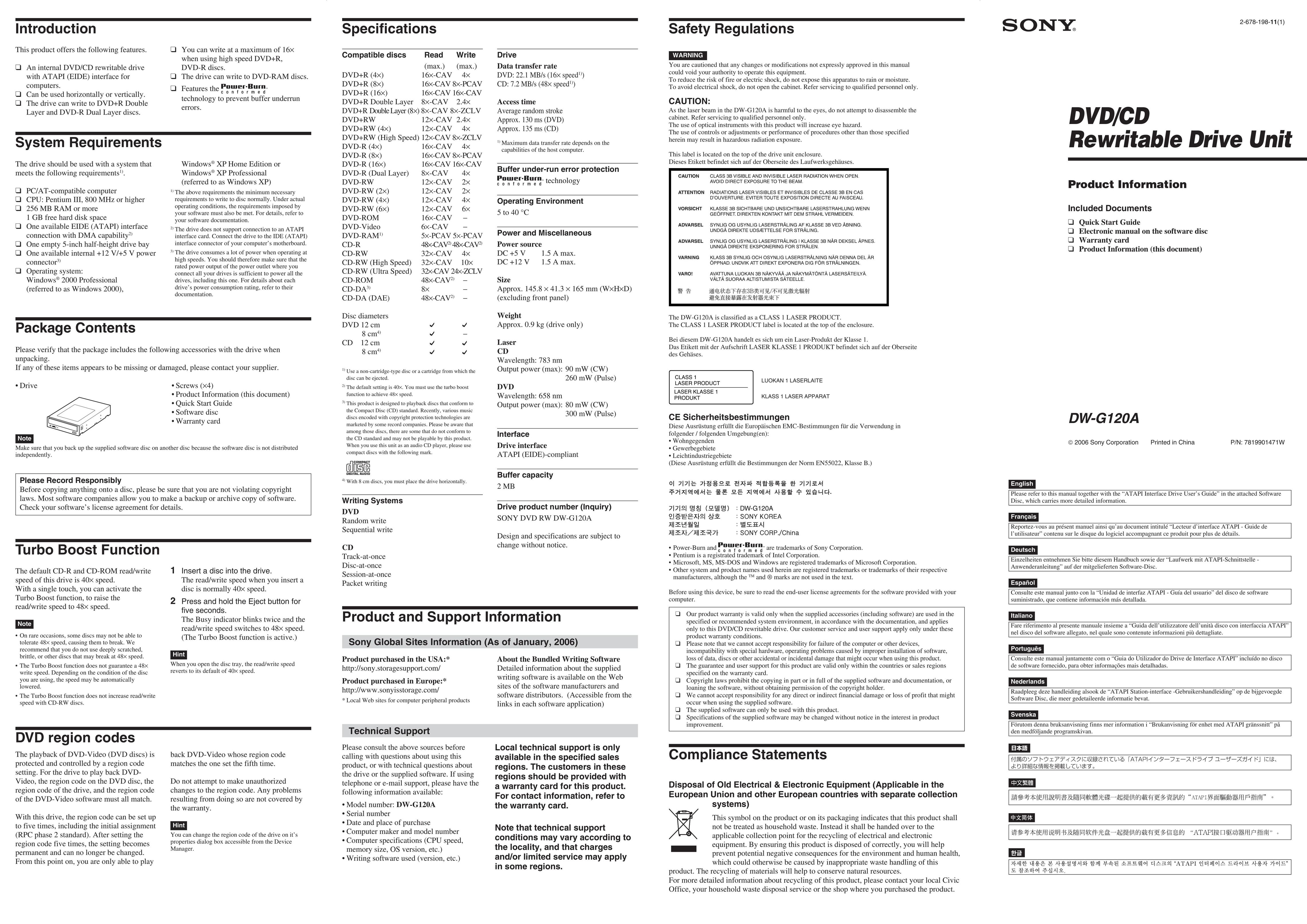 Sony DW-G120A Computer Drive User Manual
