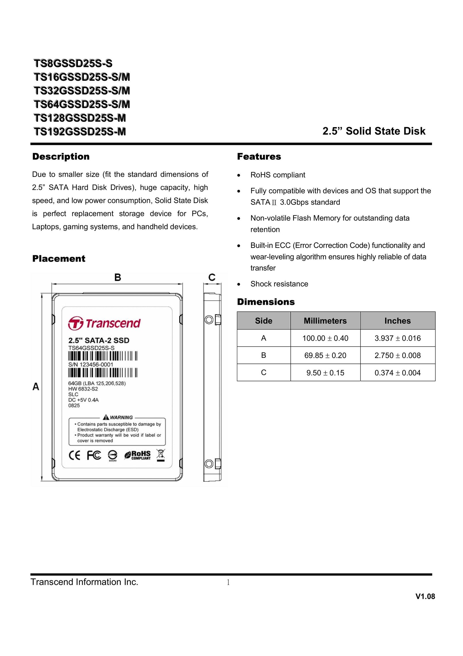 Transcend Information SSD25S Computer Drive User Manual