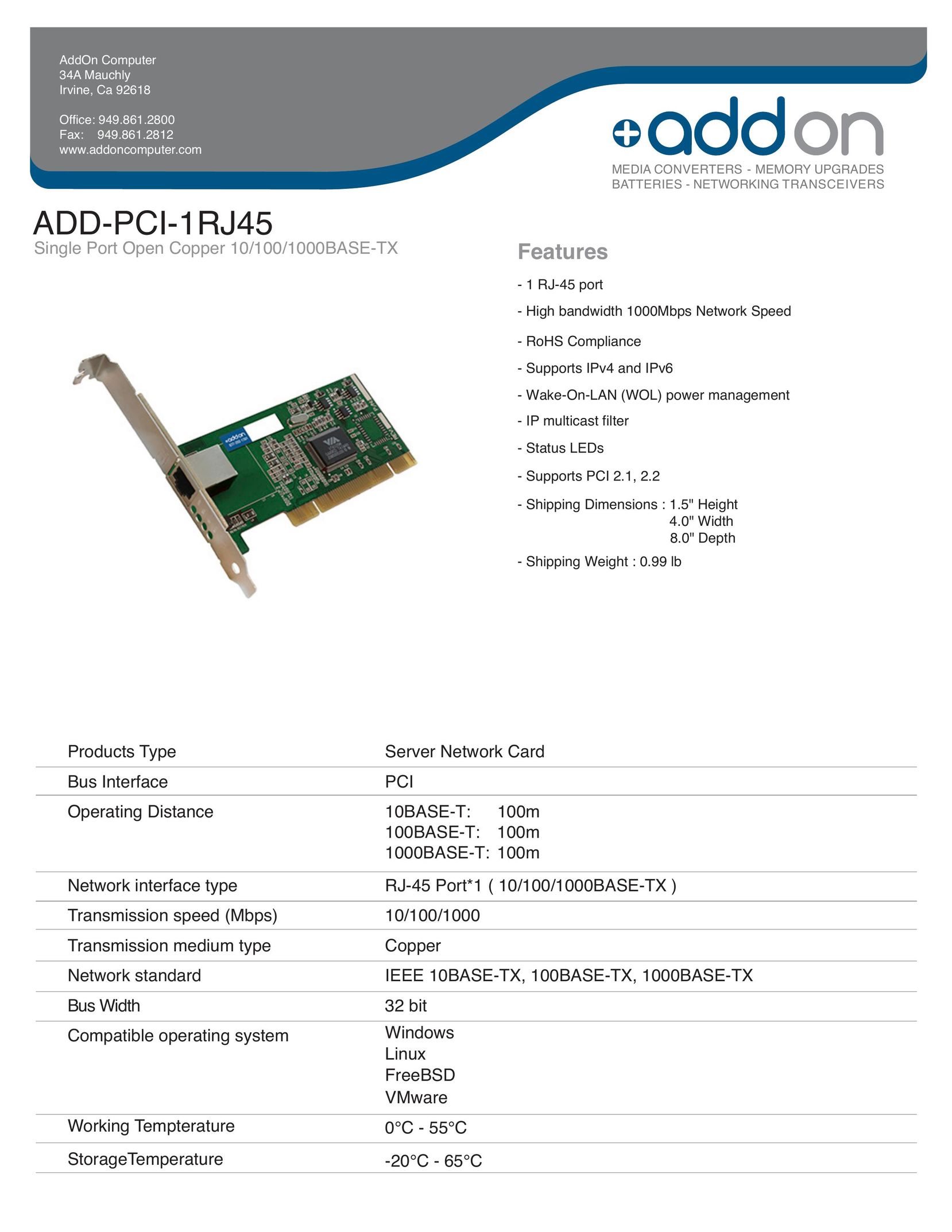 Addon ADDPCI1RJ45 Computer Hardware User Manual