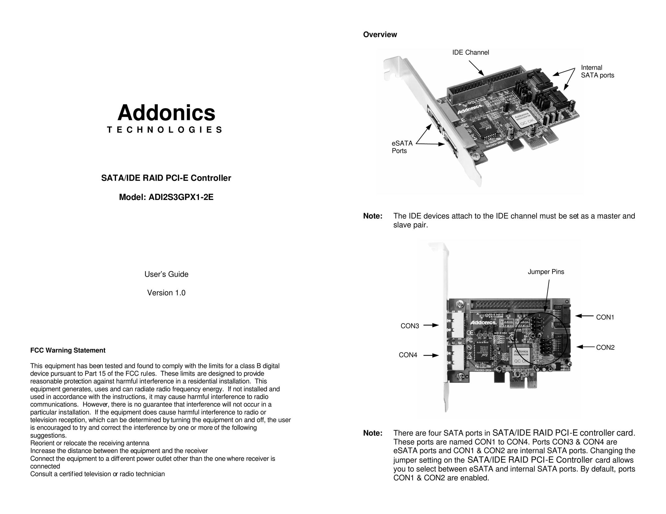 Addonics Technologies ADI2S3GPX1-2E Computer Hardware User Manual