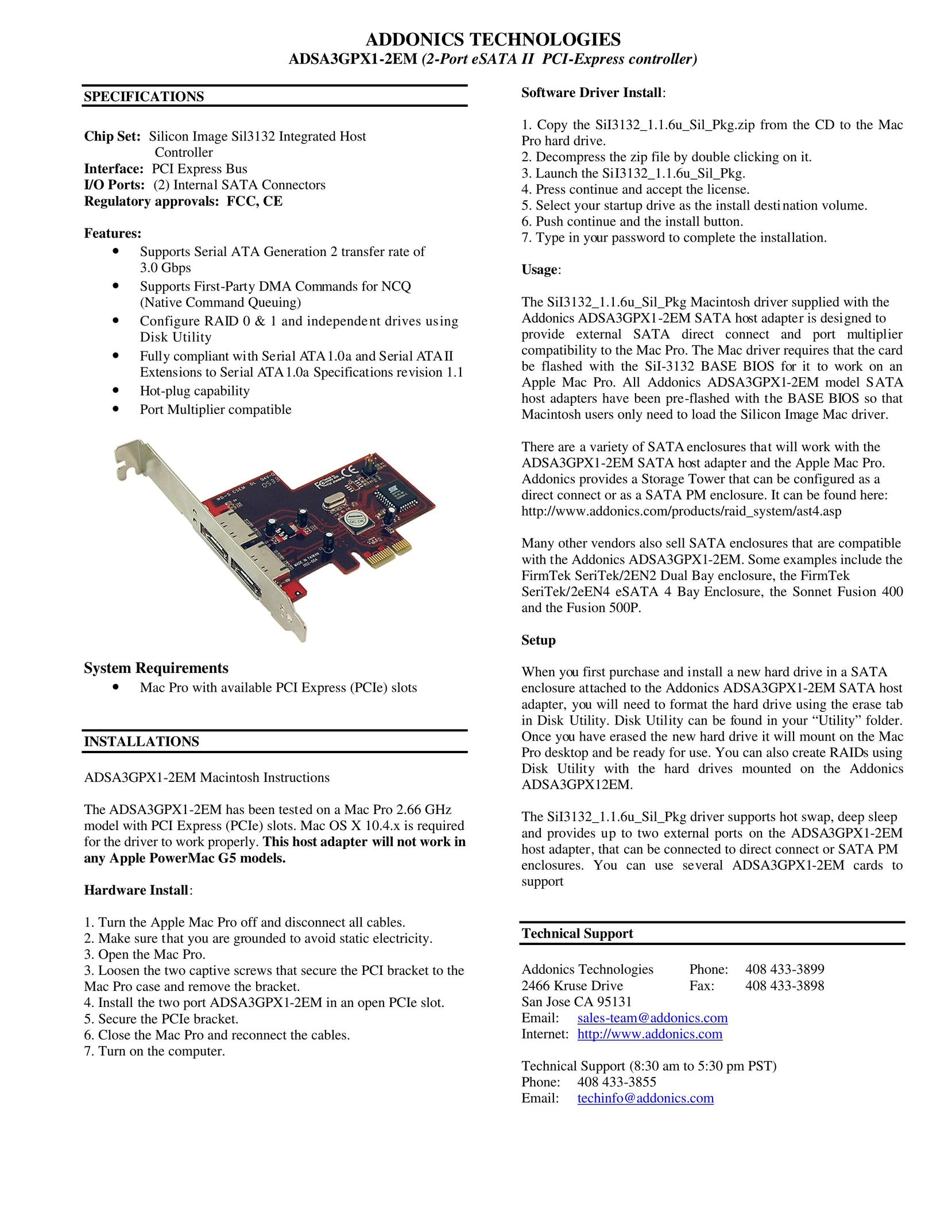 Addonics Technologies ADSA3GPX1-2EM Computer Hardware User Manual