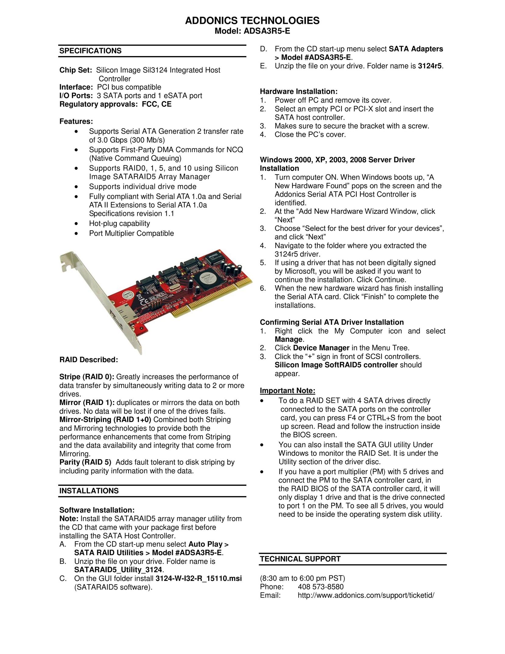 Addonics Technologies ADSA3R5-E Computer Hardware User Manual