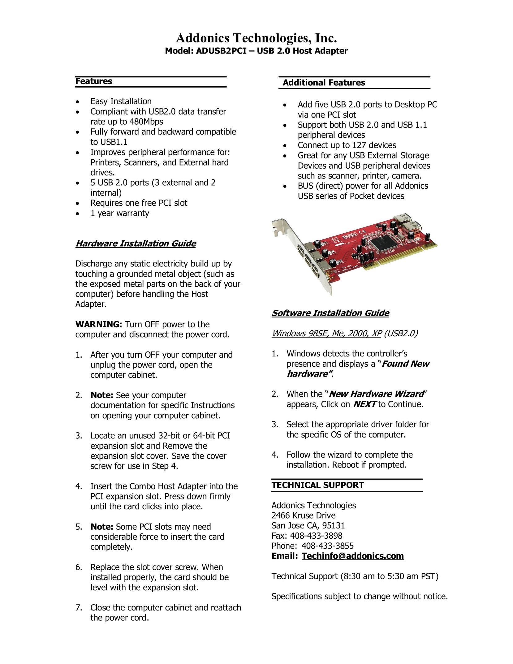 Addonics Technologies ADUSB2PCI Computer Hardware User Manual