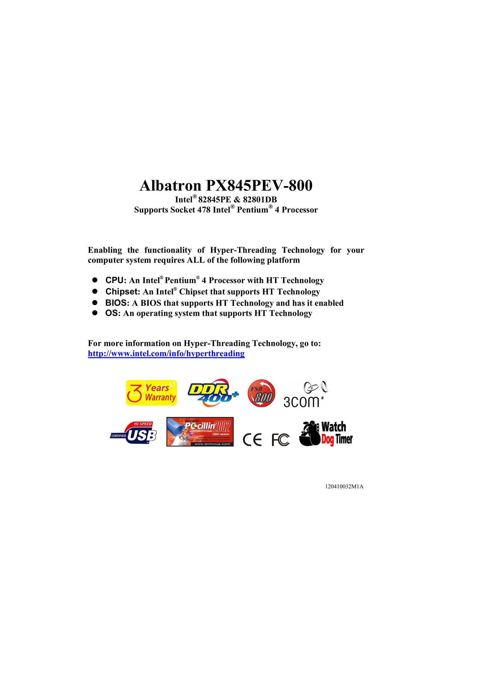 Albatron Technology PX845PEV-800 Computer Hardware User Manual