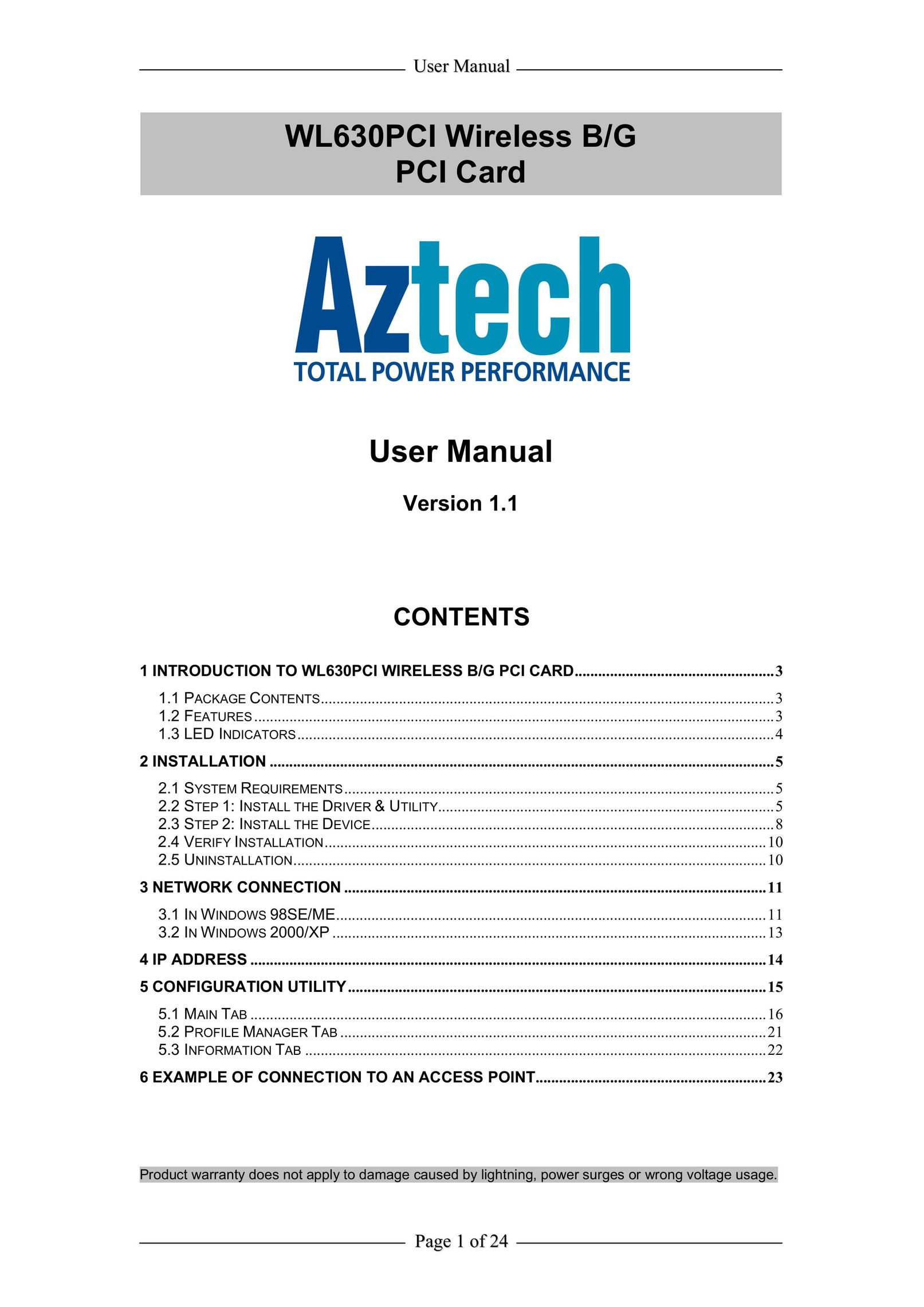 Aztech Systems WL630PCI Computer Hardware User Manual