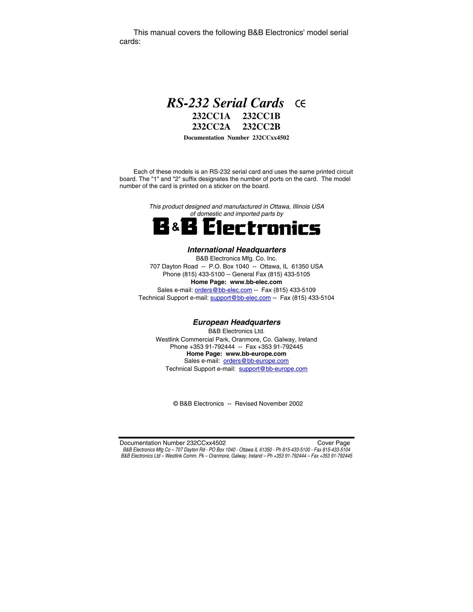 B&B Electronics 232CC2A Computer Hardware User Manual