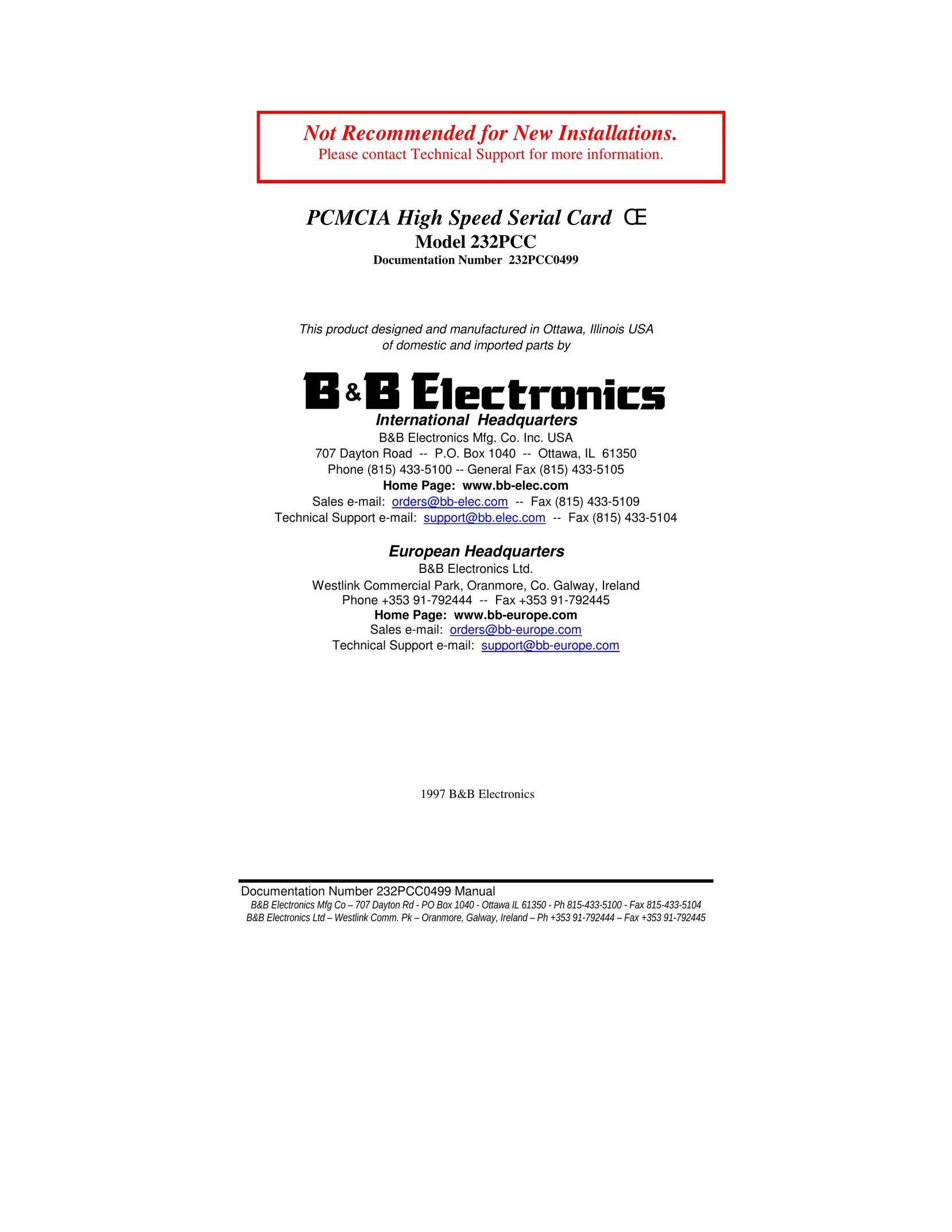 B&B Electronics 232PCC Computer Hardware User Manual