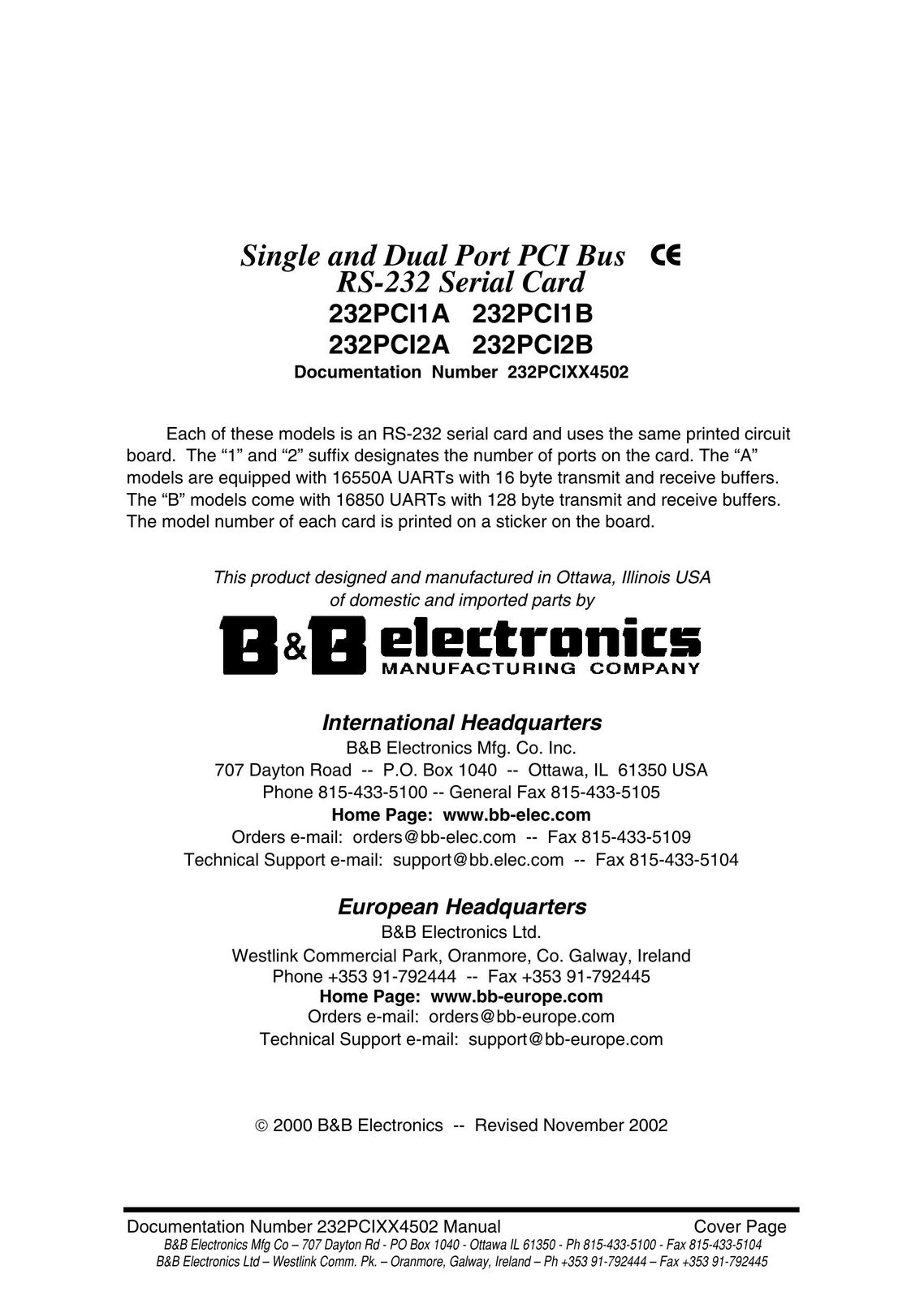 B&B Electronics 232PCI2B Computer Hardware User Manual