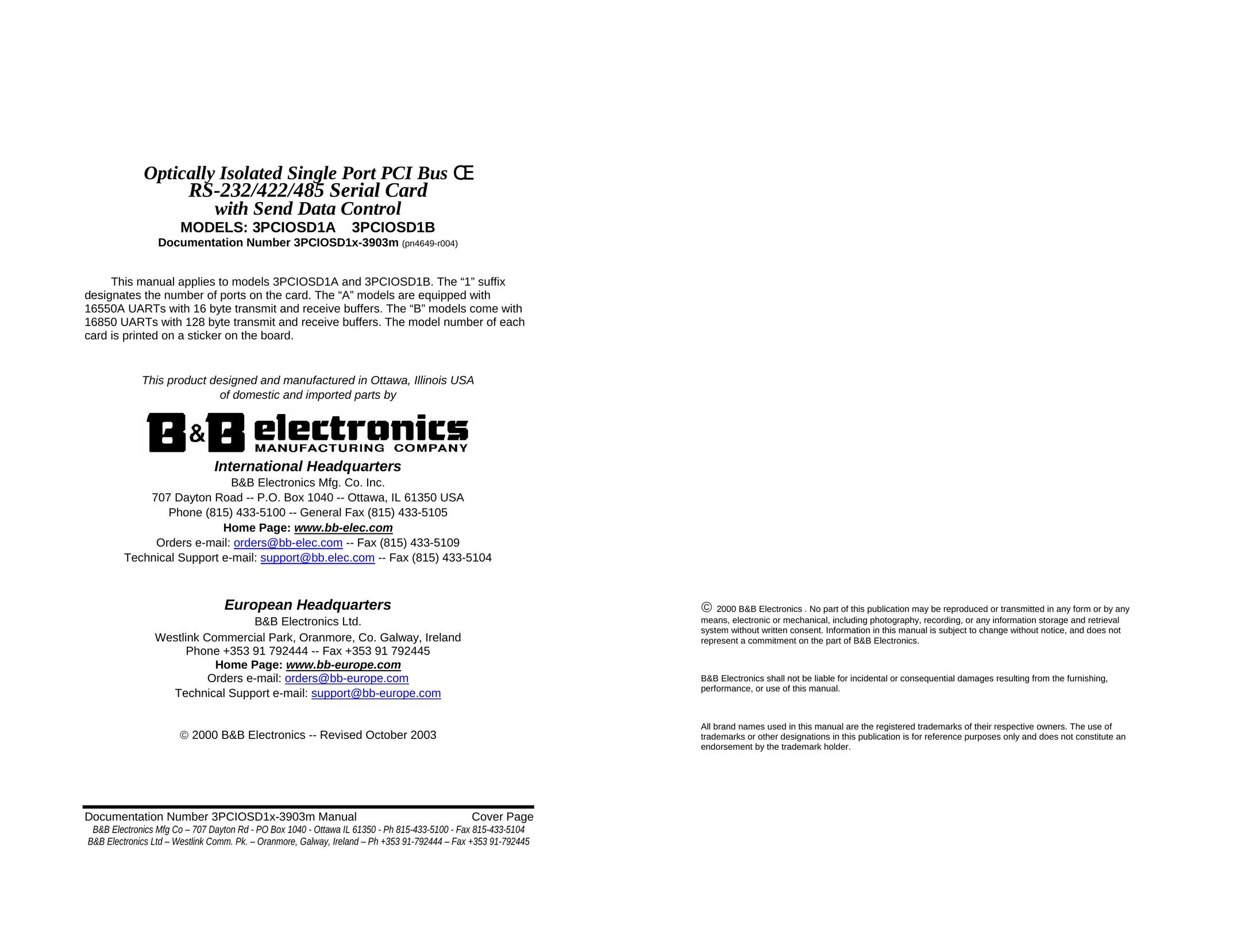 B&B Electronics 3PCIOSD1B Computer Hardware User Manual