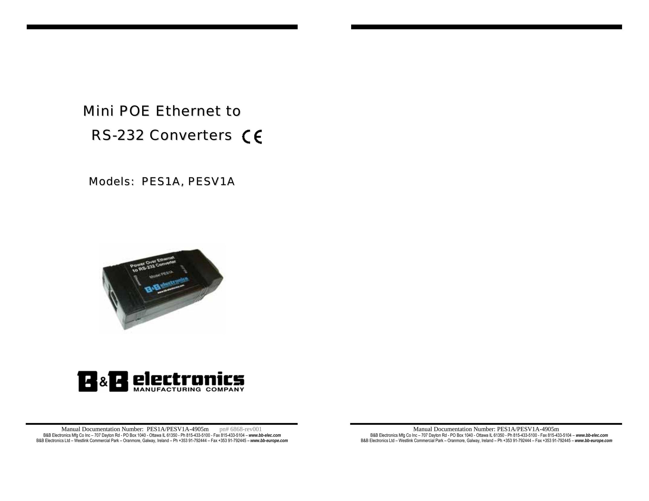 B&B Electronics Mini POE Ethernet to RS--232 Converters Computer Hardware User Manual
