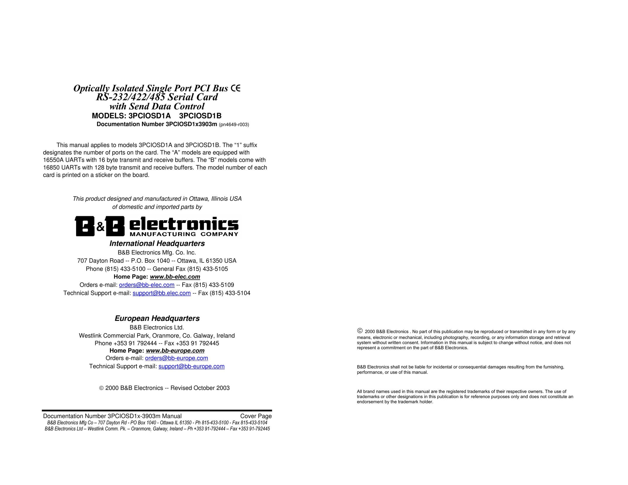 B&B Electronics Optically Isolated Single Port PCI Bus CE Computer Hardware User Manual