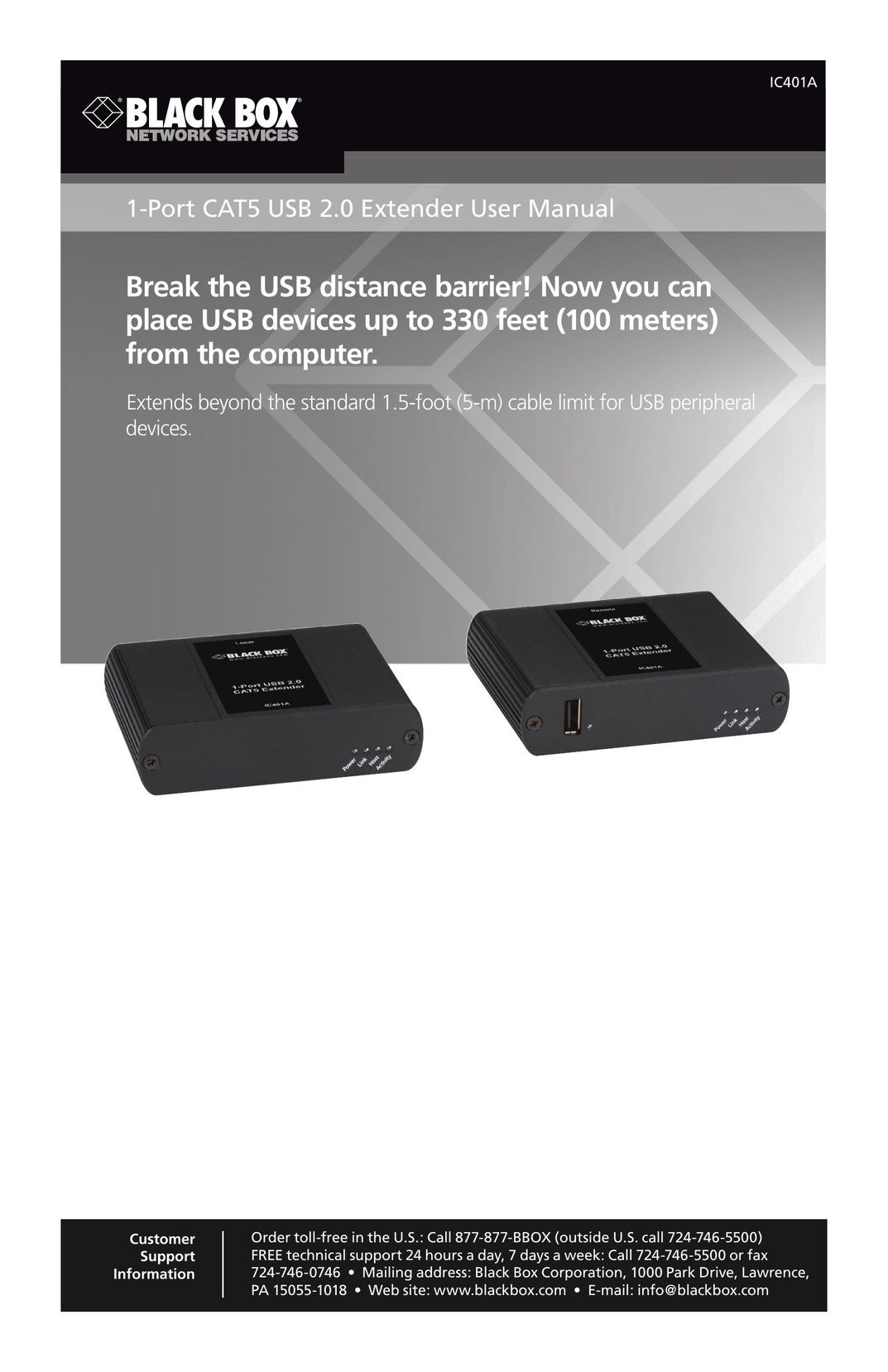 Black Box 1-Port CAT5 USB 2.0 Extender User Manua Computer Hardware User Manual