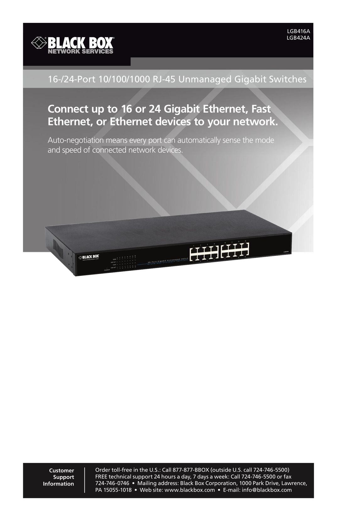 Black Box 16-/24-Port 10/100/1000 RJ-45 Unmanaged Gigabit Switches Computer Hardware User Manual