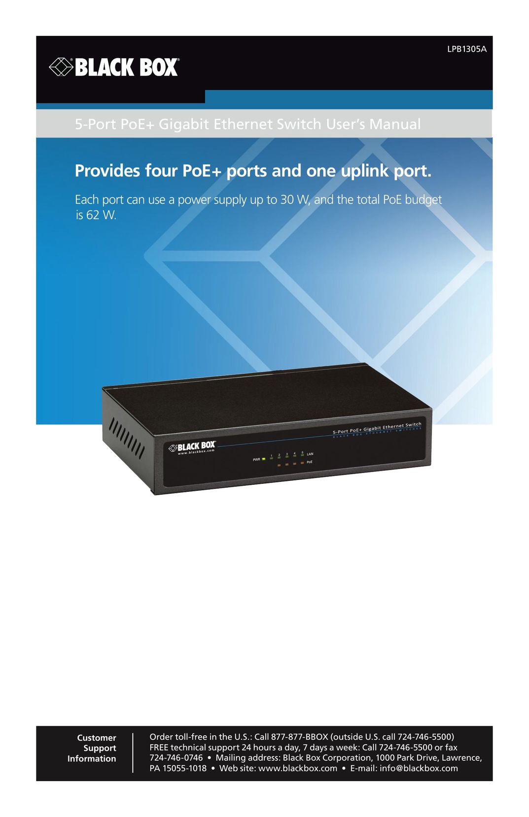 Black Box 5-Port POE+ Gigabit Ethernet Switch Computer Hardware User Manual