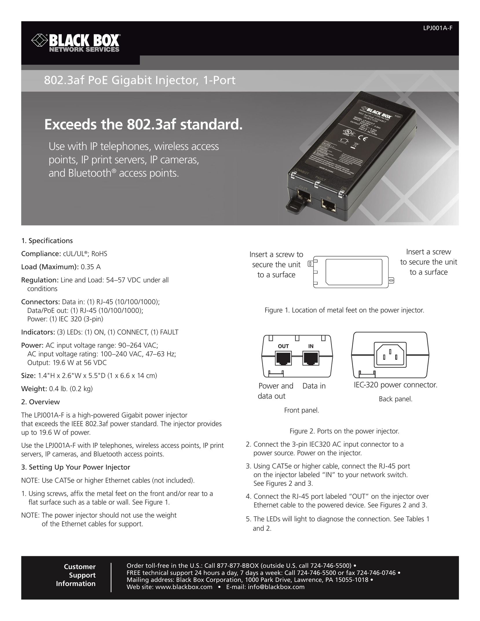 Black Box 802.3af PoE Gigabit Injector, 1-Port Computer Hardware User Manual