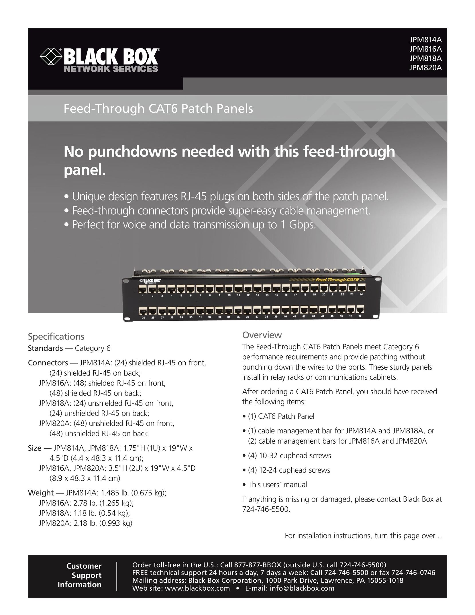 Black Box Black Box Network Services Feed-Through CAT6 Patch Panel Computer Hardware User Manual