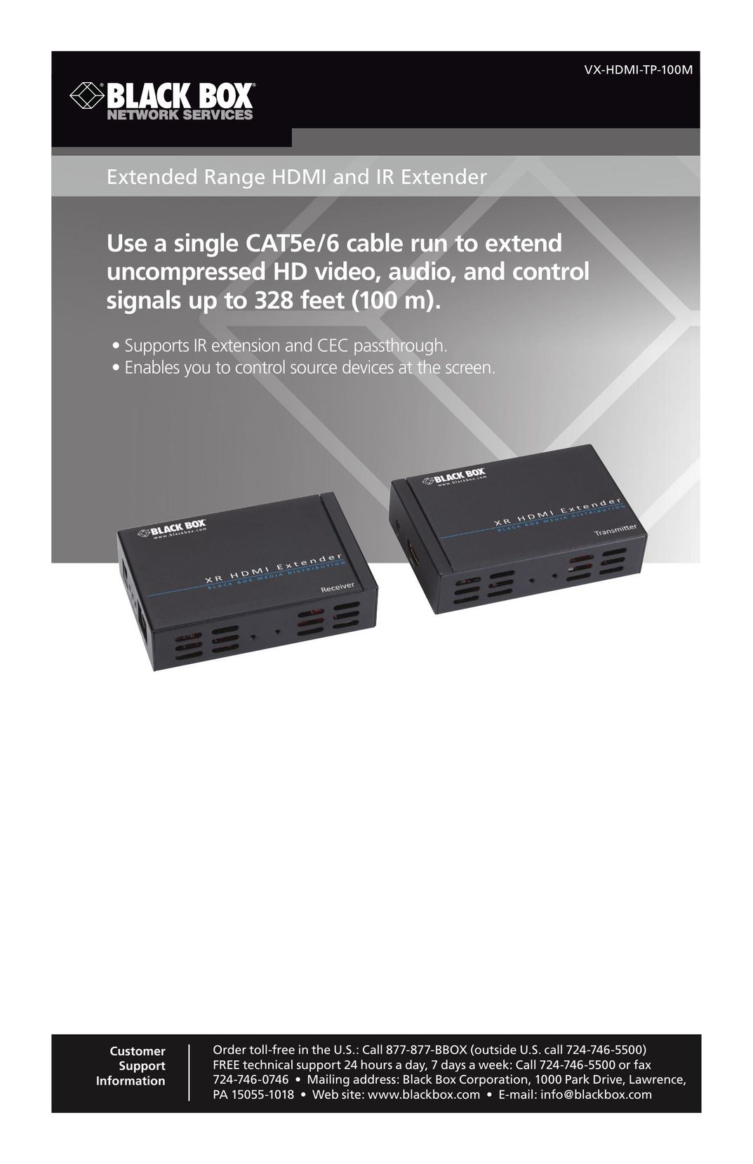 Black Box Extended Range HDMI and RI Extender Computer Hardware User Manual