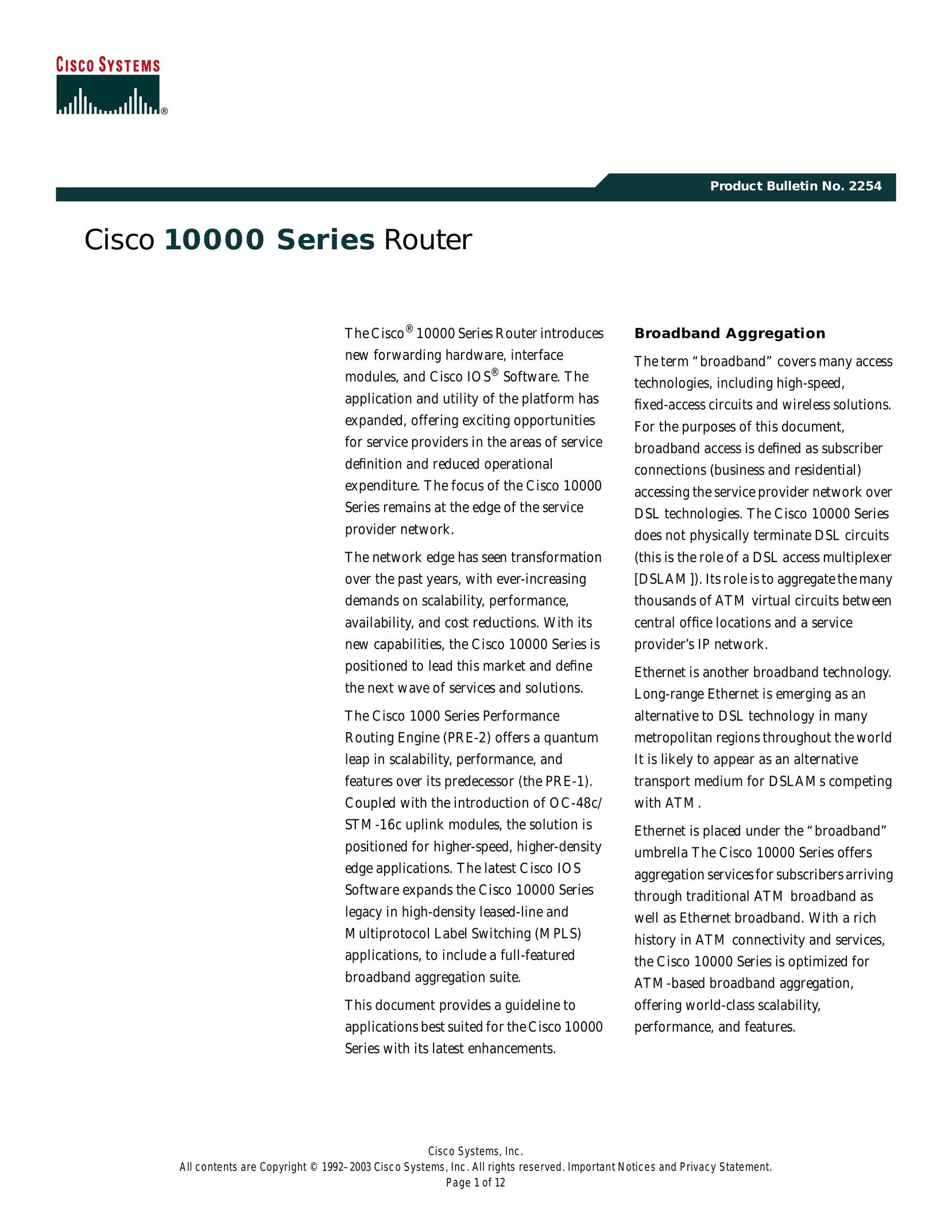 Cisco Systems 10000 Computer Hardware User Manual