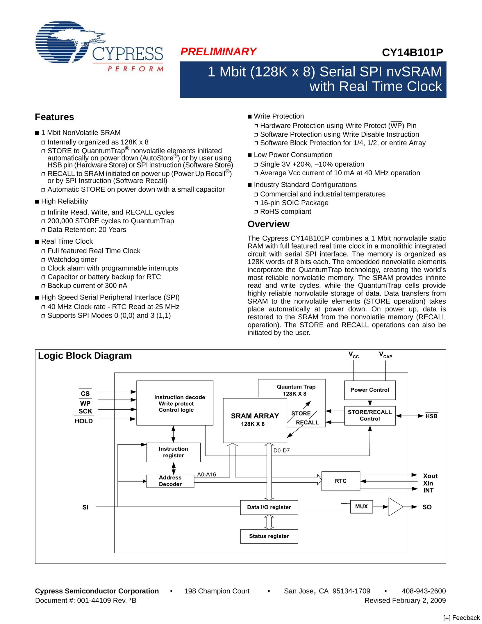 Cypress CY14B101P Computer Hardware User Manual