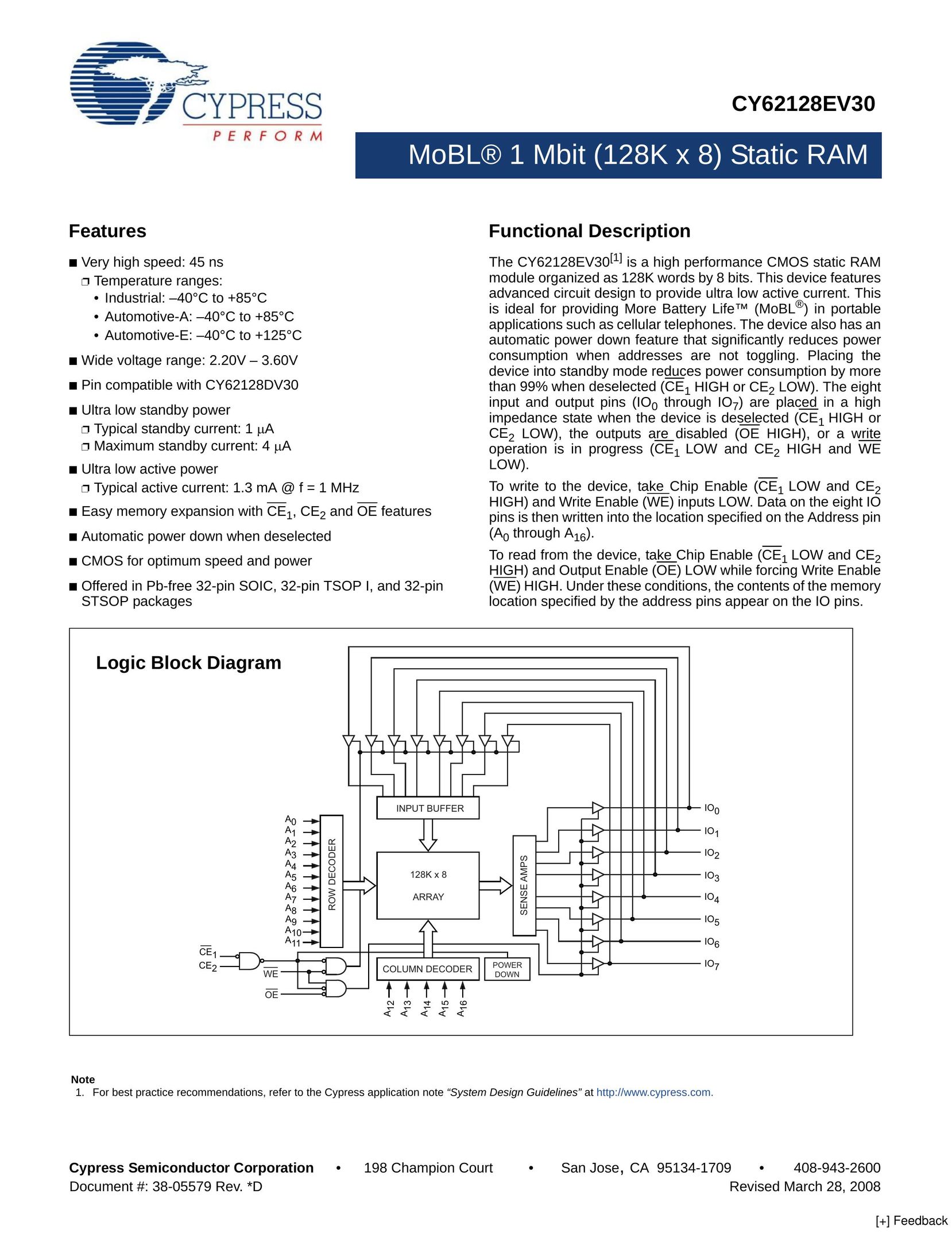 Cypress CY62128EV30 Computer Hardware User Manual