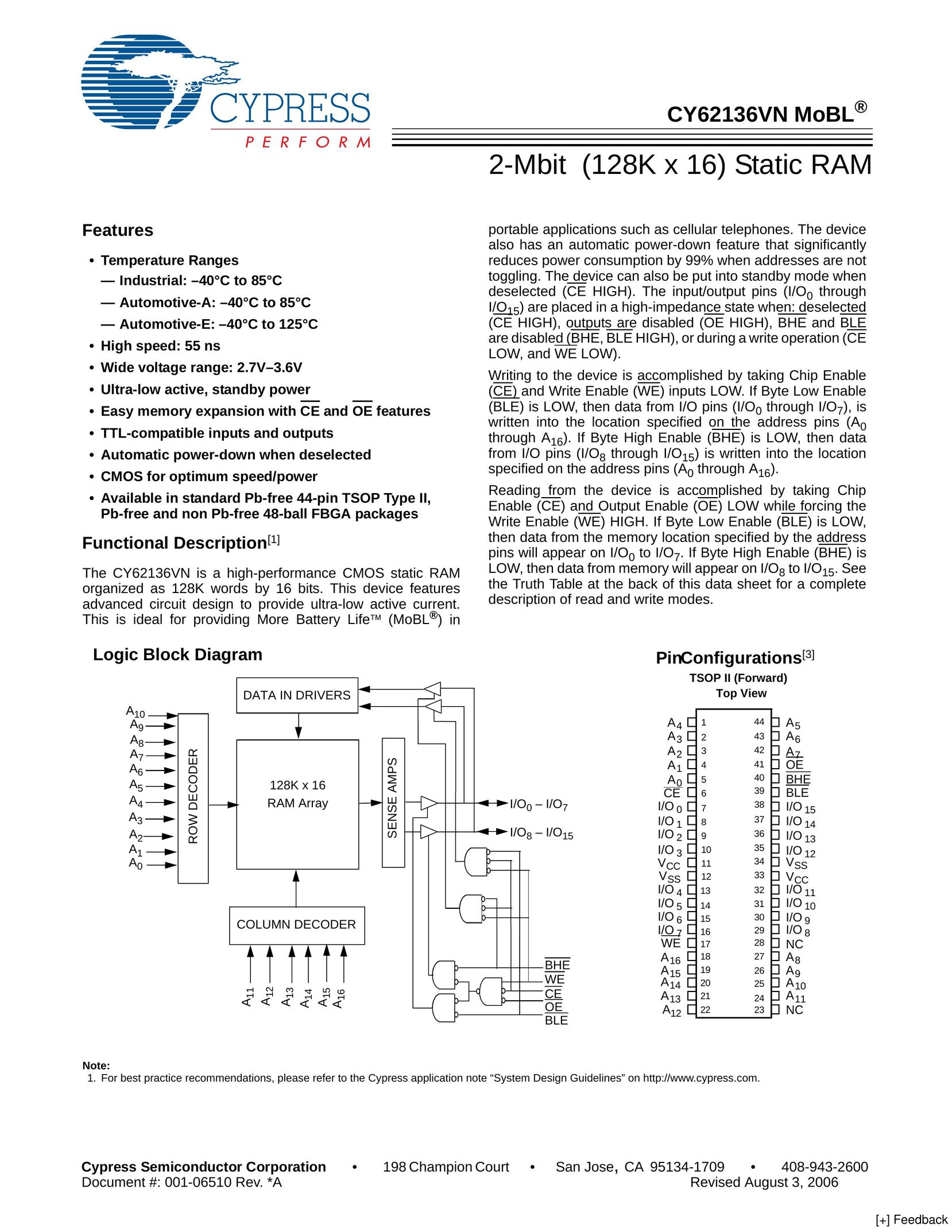 Cypress CY62136VN Computer Hardware User Manual