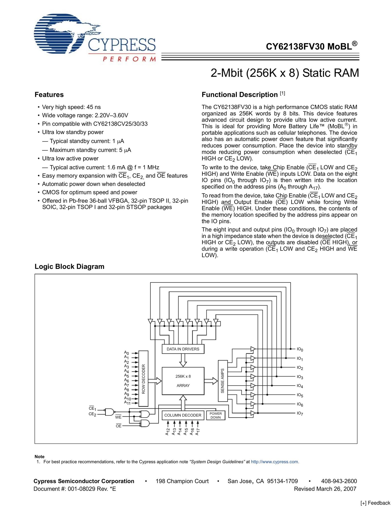 Cypress CY62138CV30 Computer Hardware User Manual