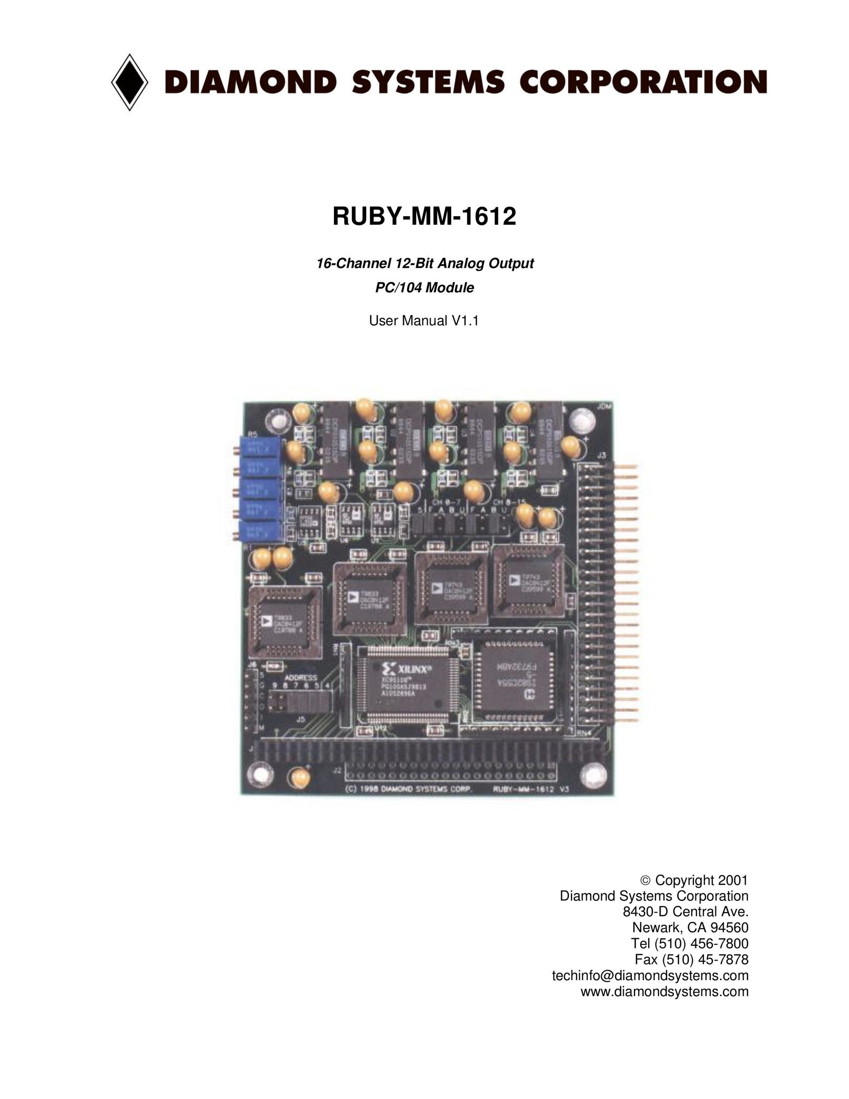 Diamond Systems 16-Channel 12-Bit Analog Output PC/104 Module Computer Hardware User Manual