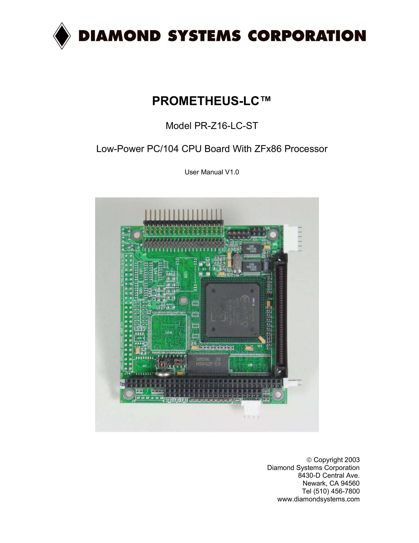 Diamond Systems Low-Power PC/104 CPU Board With ZFx86 Processor Computer Hardware User Manual
