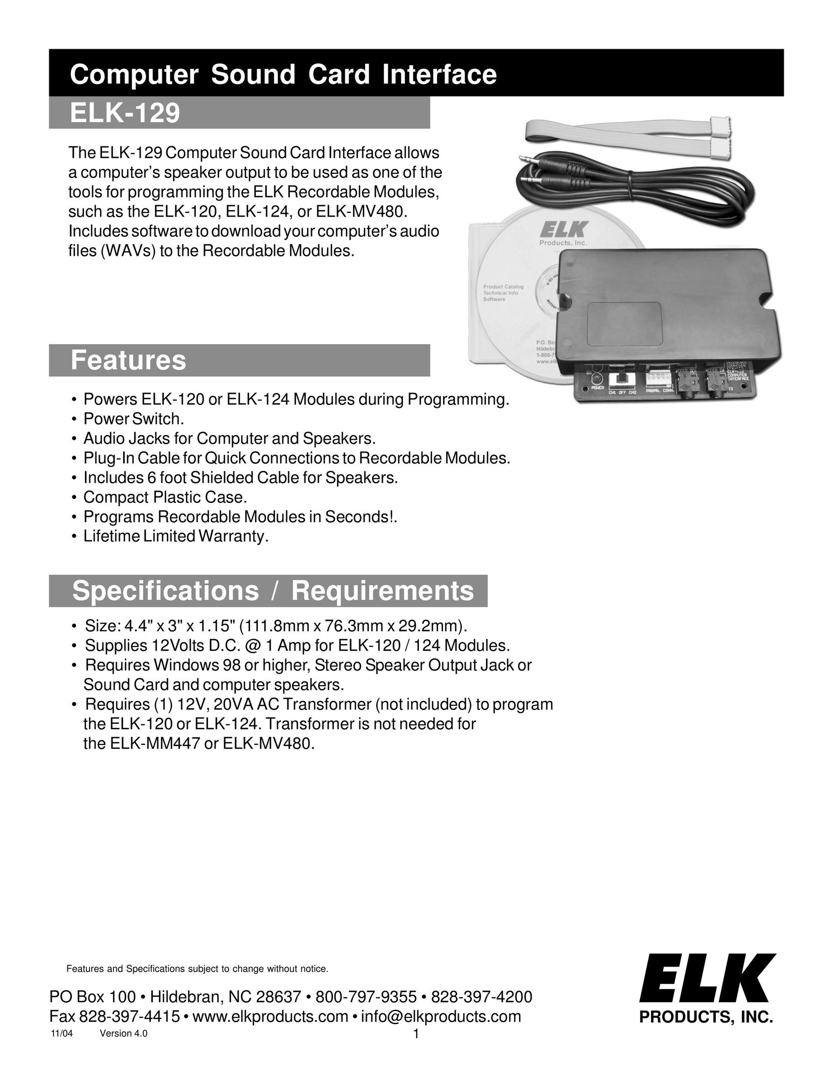 Elk -129 Computer Hardware User Manual