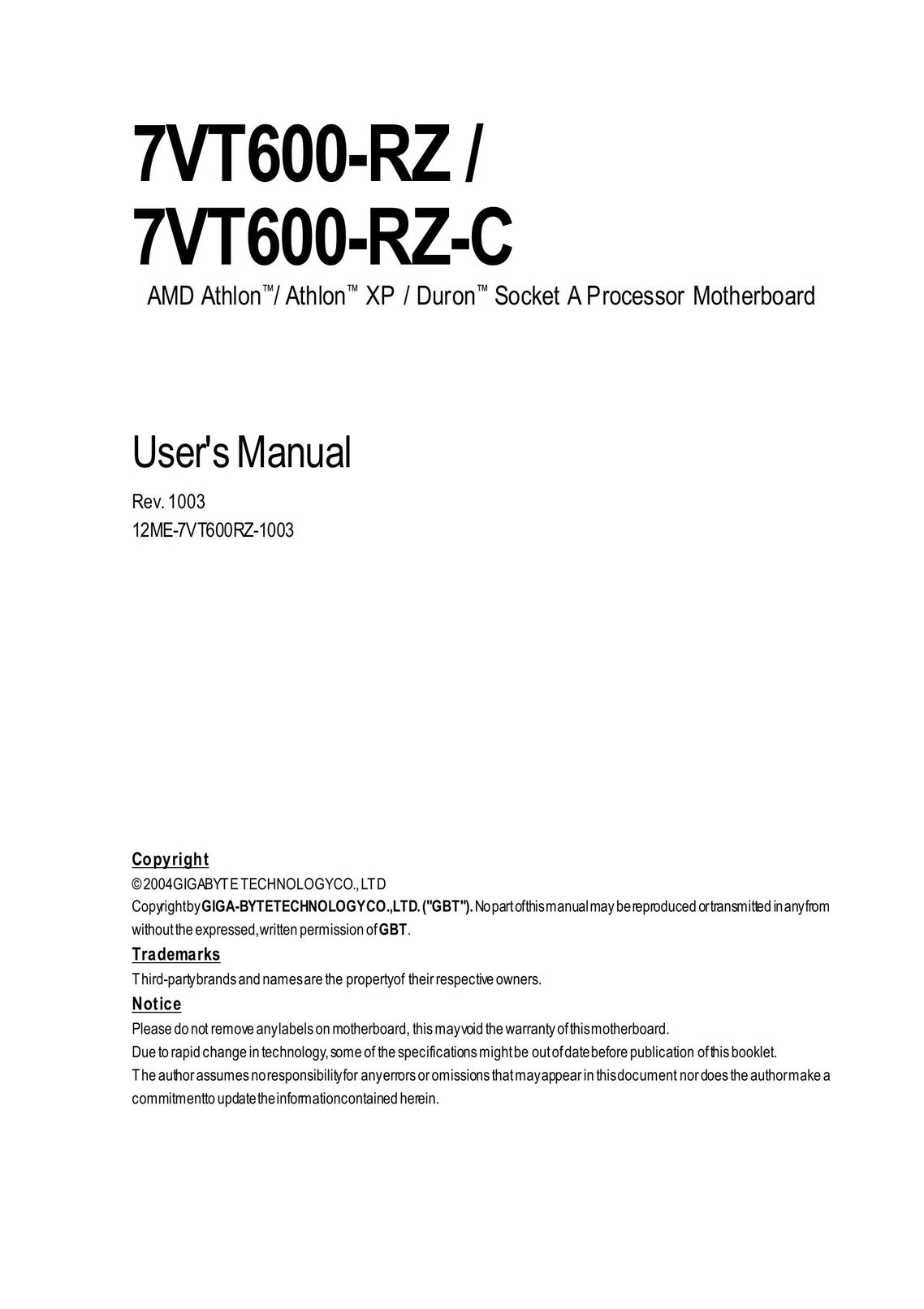 Gigabyte 7VT600-RZ Computer Hardware User Manual