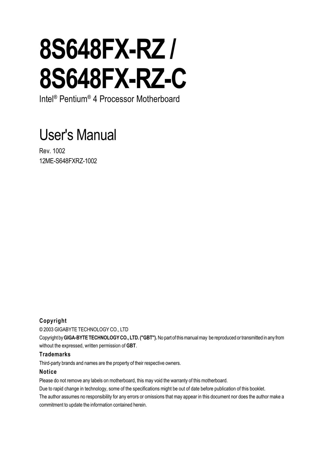 Gigabyte 8S648FX-RZ Computer Hardware User Manual
