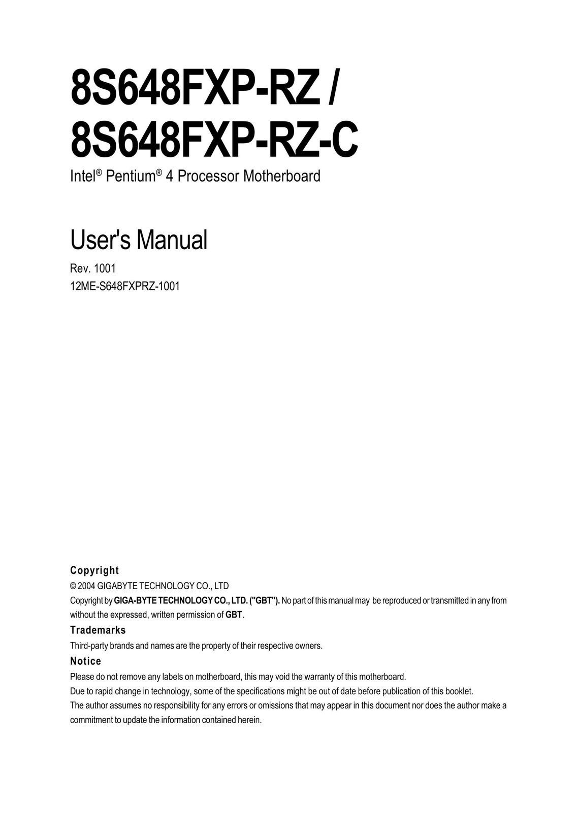 Gigabyte 8S648FXP-RZ Computer Hardware User Manual