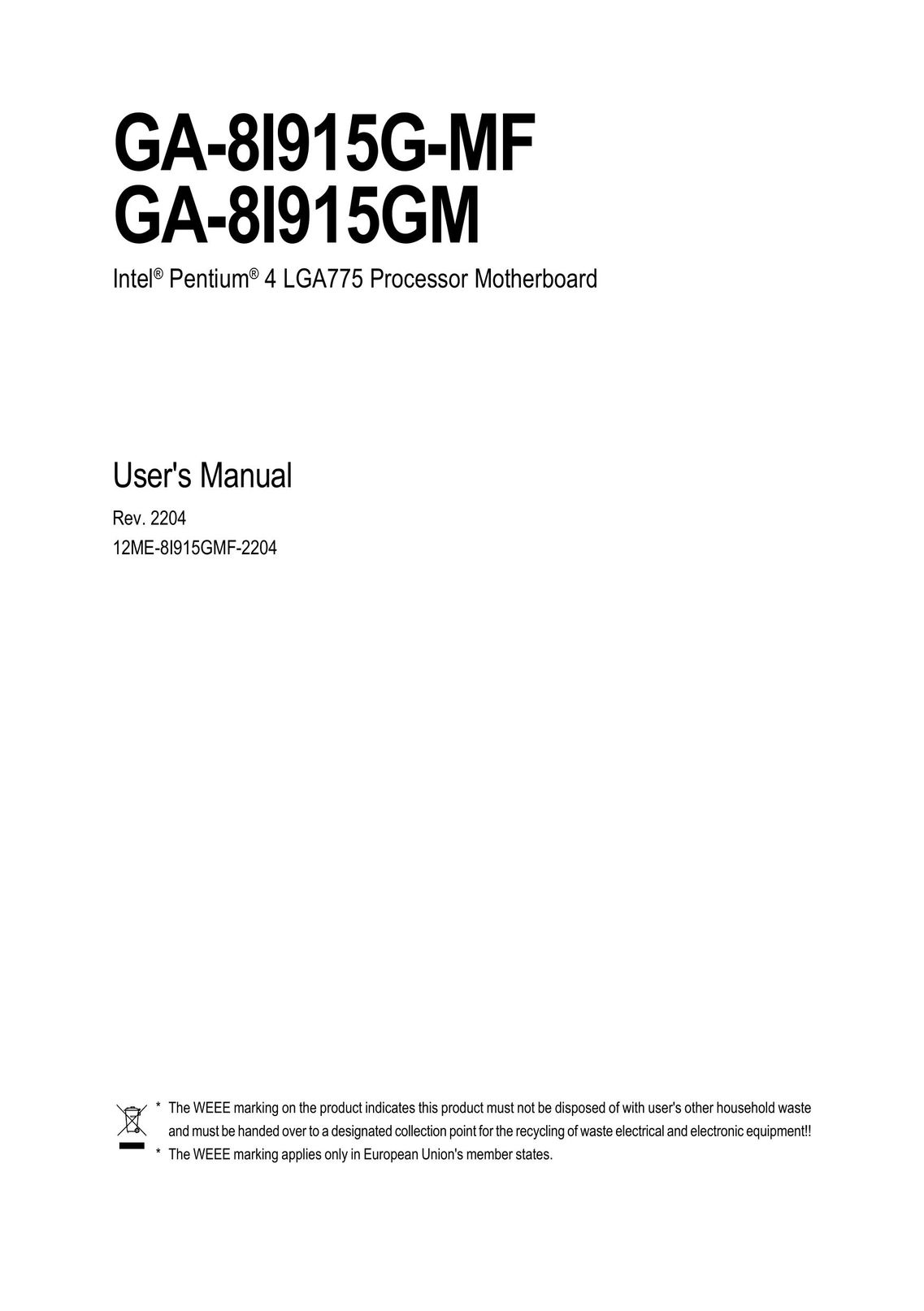 Gigabyte GA-8I915GM Computer Hardware User Manual