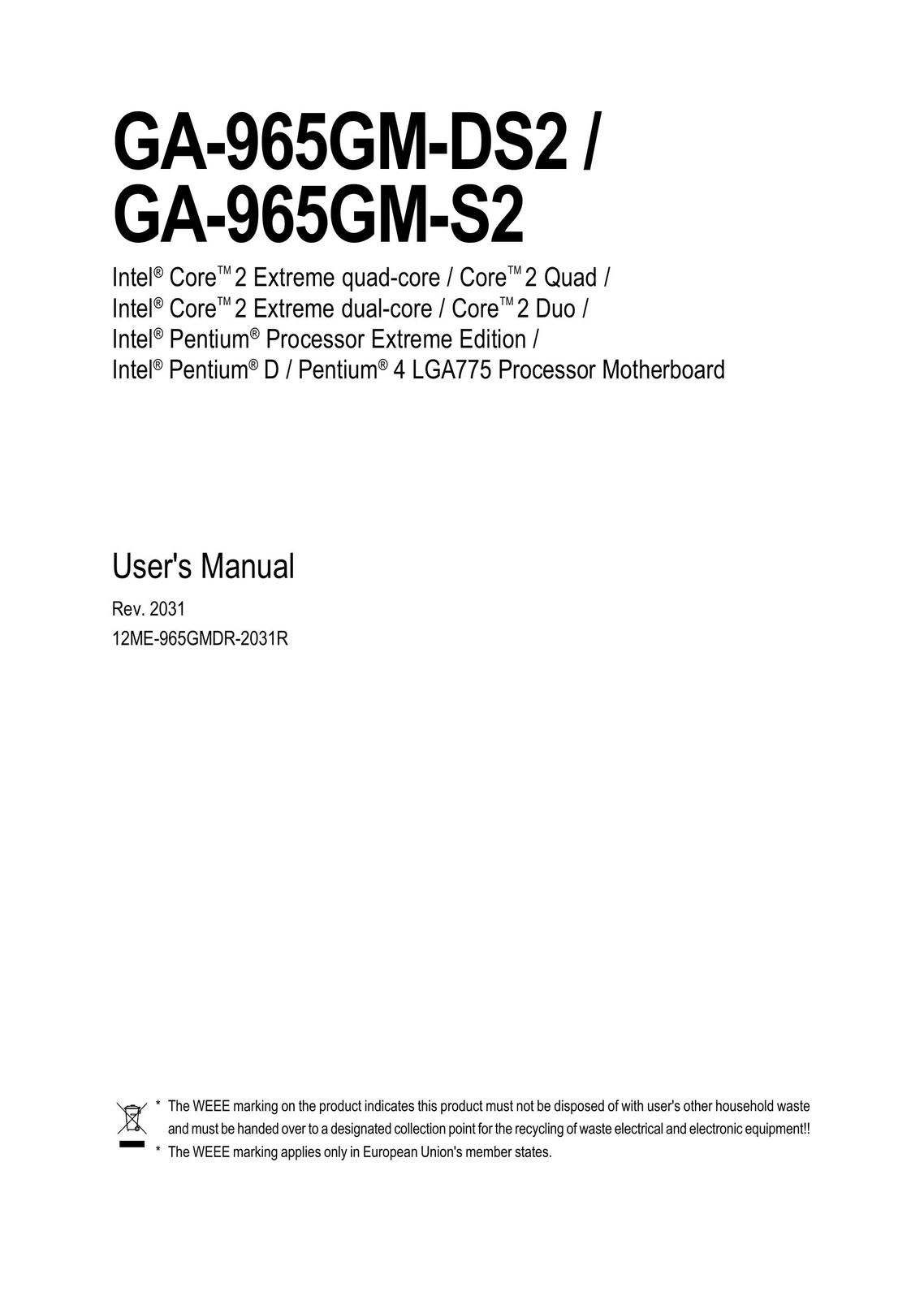 Gigabyte GA-965GM-DS2 Computer Hardware User Manual