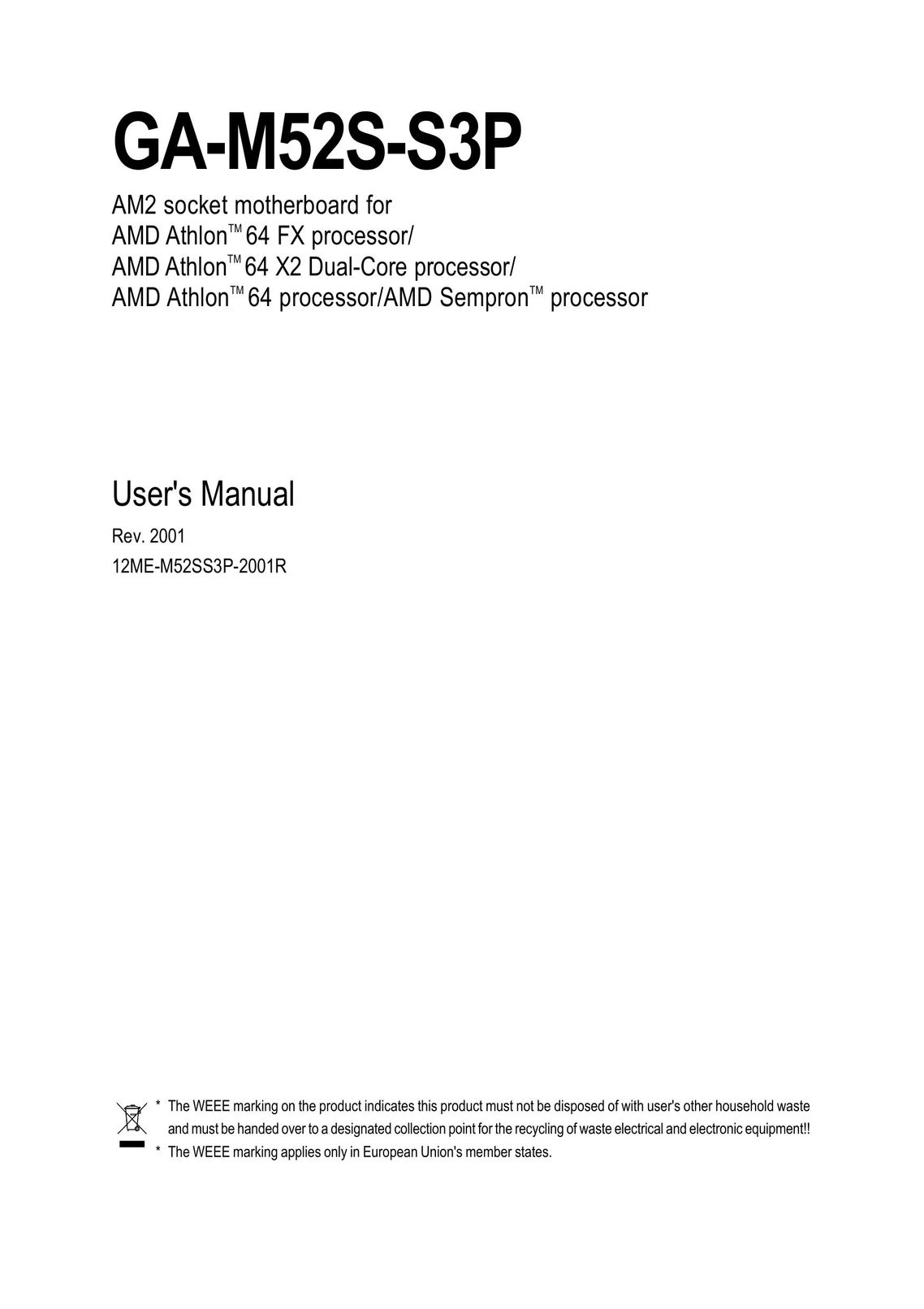 Gigabyte GA-M52S-S3P Computer Hardware User Manual