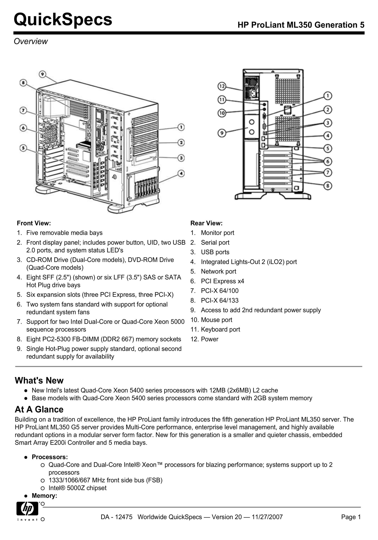 HP (Hewlett-Packard) ML350 Computer Hardware User Manual