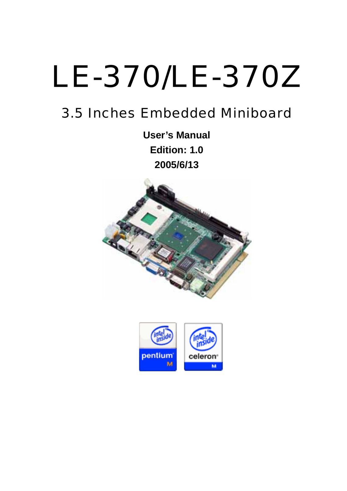 Intel 3.5 Inches Embedded Miniboard Computer Hardware User Manual