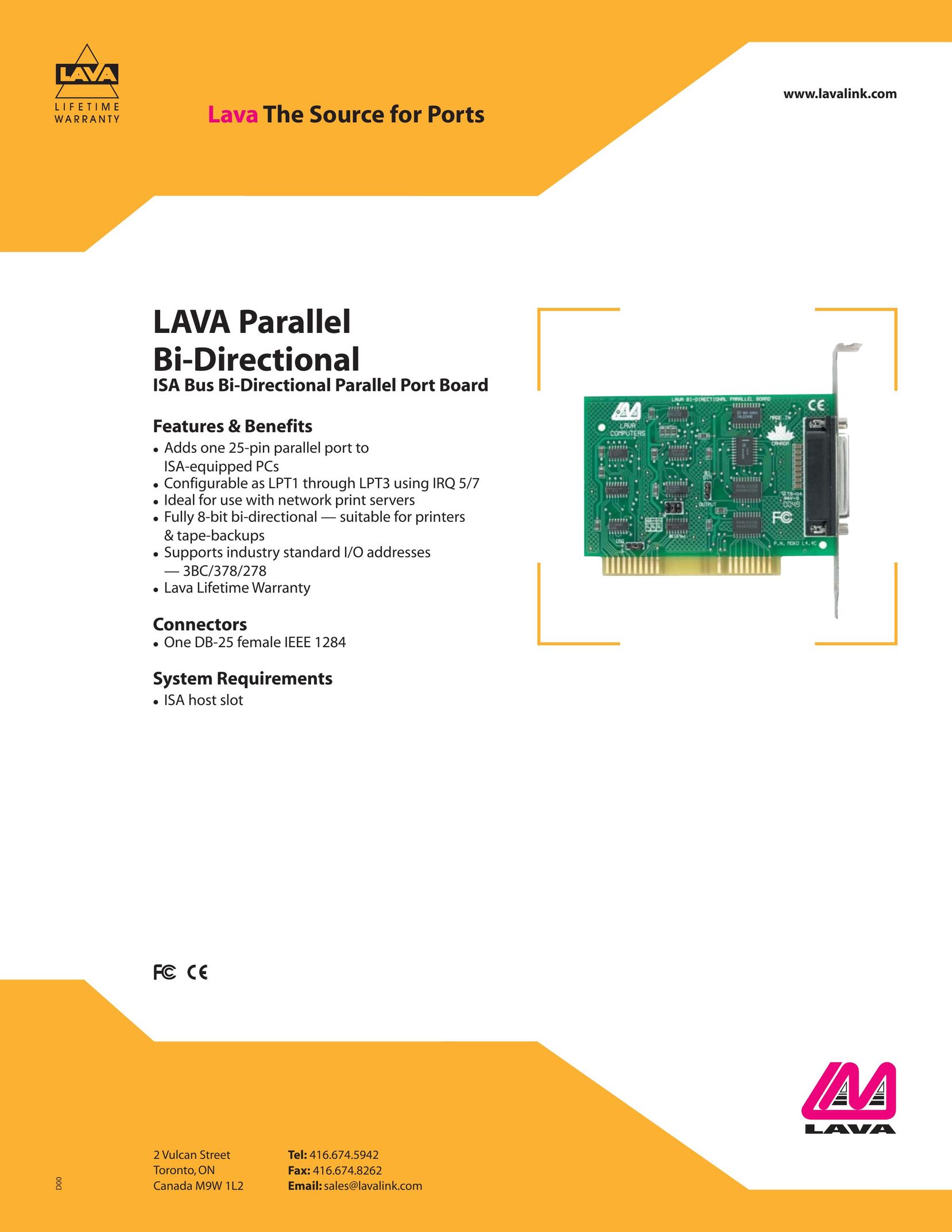 Lava Computer ISA Bus Bi-Directional Parallel Port Board Computer Hardware User Manual